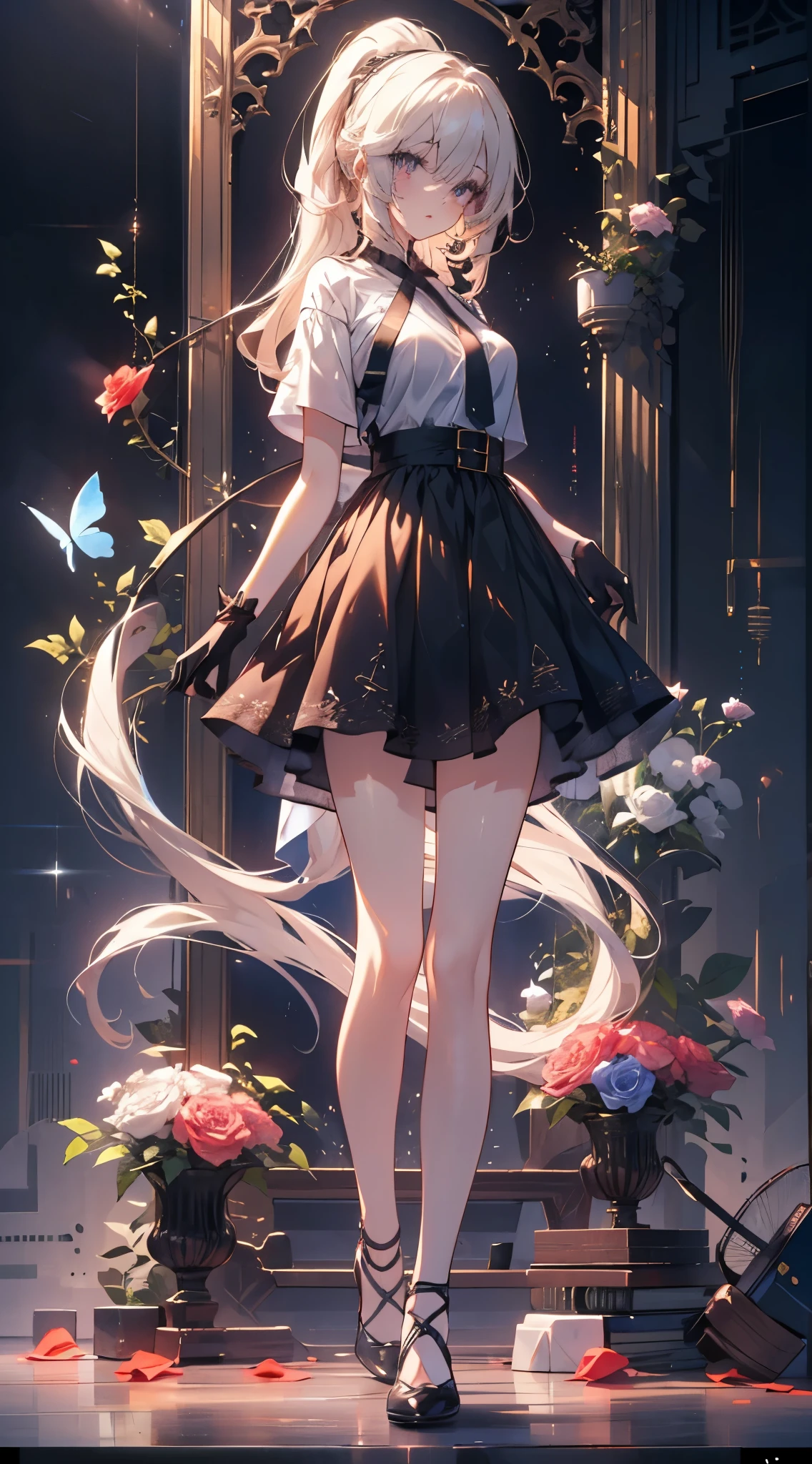 a girl，sheep&#39;horn, Rich colors, long white hair, Red眼睛 ，Eyeliner, black transparent clothes, Red, open air, Rose, night, ruins, Butterfly，mine same as the original, mine, , (:1.2) rest, (Black long skirt), (view from below), (Put your arms behind your back), (wild lift), thin dress,, 最good quality, High resolution, unified 8k wallpaper, (illustration:0.8), (Beautiful and delicate eyes:1.6), extremely detailed face, perfect lighting, Very detailed CG, (perfect hands, perfect anatomy),，blond，red lips，Acting cute，long hair马尾，High heel，good quality, absurd, Super detailed, holographic,, dynamic poses, golden ratio, 超级Lovely女孩, Mature girl, extremely beautiful,，With super beautiful purple eyes, Super beautiful white hair, shiny skin, high ponytail, Good and harmonious , Slender and delicate figure, Perfect body, (Wearing a short white top,) Lovely，Full body shot，long hair，shoes，black skirt, Short sleeve，messy hair, black gloves,,Fade the background,Full body photo of the individual,cartoon，t-shirt，Eyes with highlights，Leg ring，let go