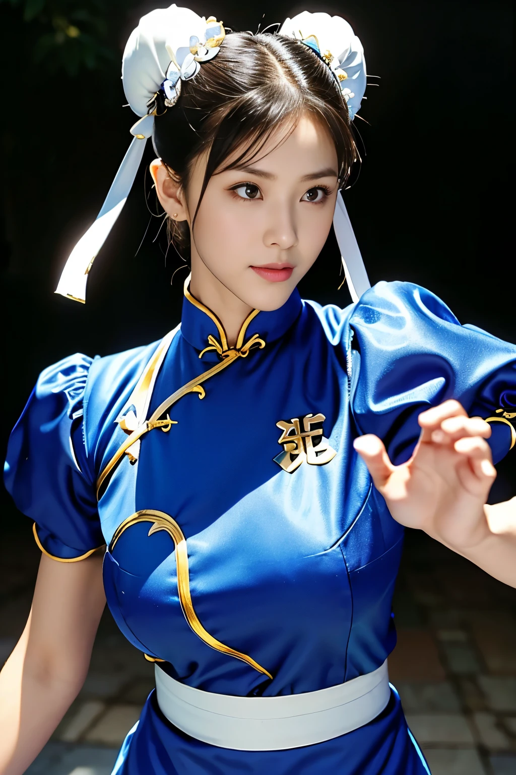 Chun-Li from Street Fight II,perfect chun li costume,blue cheongsam with gold lines,Bun head,Good cover,whole body,fighting pose,ハイkick,kick、Lift your legs,masterpiece、1 beautiful girl、fine eyes、puffy eyes、highest quality, 超High resolution, (reality: 1.4), movie lighting、super beautiful、beautiful skin、body turns forward、(超reality的な)、(High resolution)、(8K)、(very detailed)、(美しくfine eyes)、(Super detailed)、 (wall-)、detailed face、bright lighting、professional lighting、looking at the viewer、Look straight ahead、slanted bangasterpiece, highest quality, masterpiece, highest quality, perfect face, perfect brown eyes with white sclera, Bad move - 5, alone, 1 girl, Upper Body, brown hair, From SF2, Chinese service, smile, muscular woman, blue clothes, pantyhose, pelvic curtain, Plump short sleeves, Good cover, sash, evaluation:safety