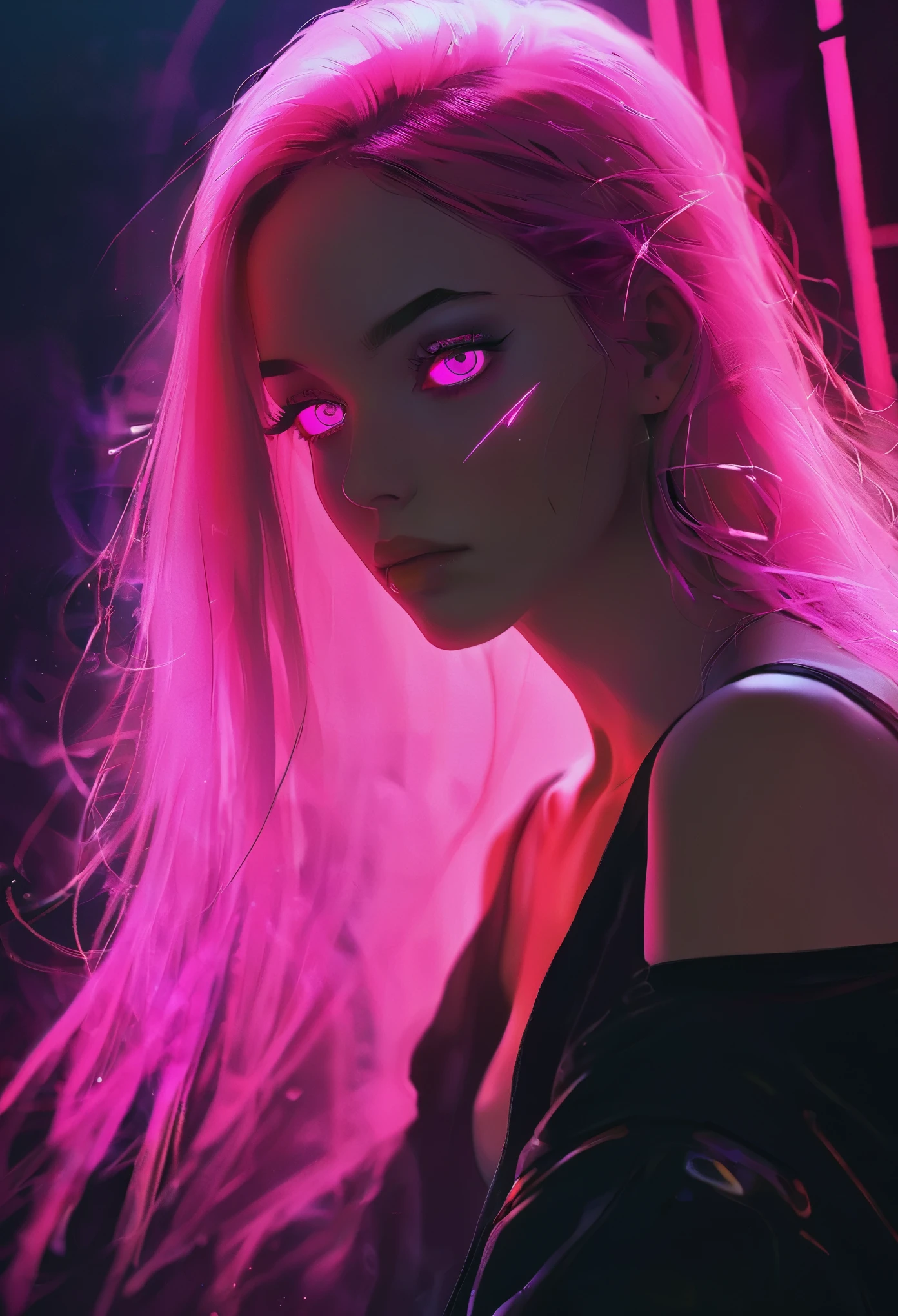 Oil painting style combined with comic style，(Portrait of a mysterious giant eye)，indoor，Fluorescent illumination，(Darkness shrouded，Wall background，black background，silhouette，shadow，extreme darkness:2.0)，Minimalist graffiti style background，Fluorescent pink eye graffiti，Dark atmosphere，cowboy shot,1girl,Oversized black T-shirt，Medium Breast，Waistless T-shirt，Underboob，blurred background，Blurred foreground，Pink fluorescent hair，Fluorescent pink eyes，Bare shoulder，Raise your hand and touch your head，Kneel on the ground，long hair，Messy hair，Low rise denim shorts，Over-the-knee boots，pink eye shadow，Eye of destruction，Poker face，