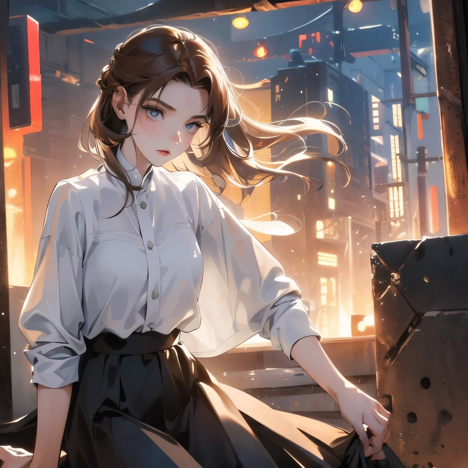 A 20-year-old white woman with medium brown hair with whitish highlights wearing a black and white shirt and skirt is in a plain place at dusk