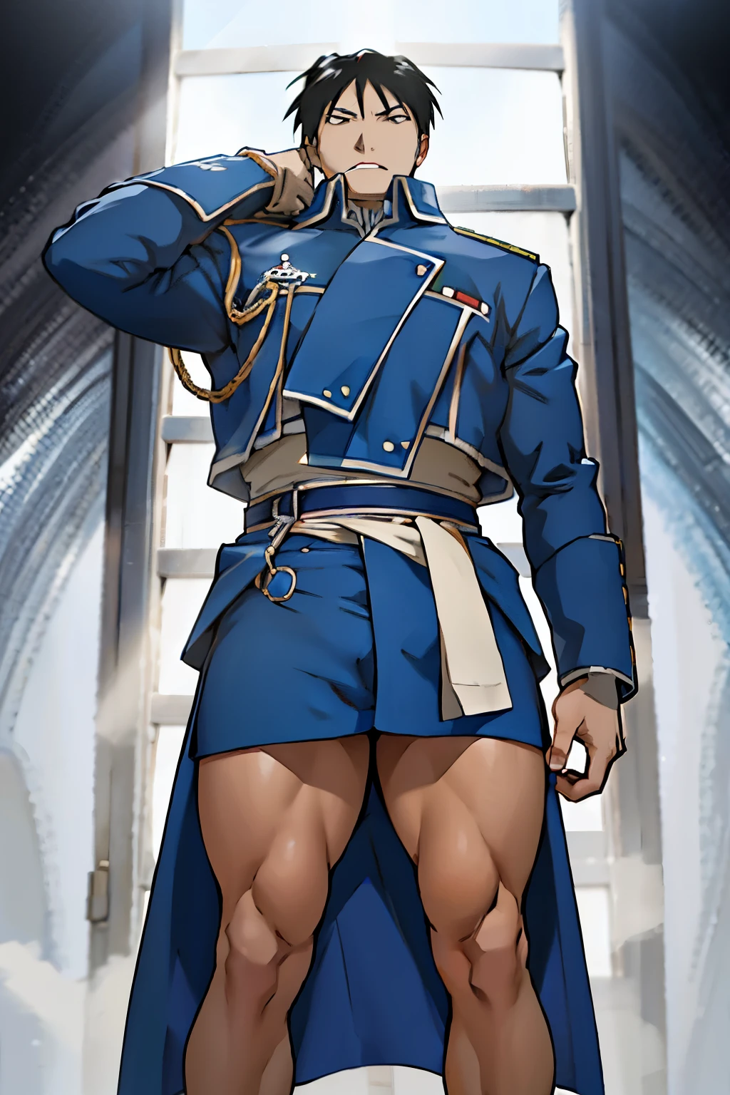 Roy Mustang de Full Metal Alchemist, semidesnudo en minifalda, musculoso, guapo, piernas grandes, cuerpo definido, (absurdo, high resolution, ultra detallado), 1 male, maduro, hombros anchos, ojos y rostro finamente detallado