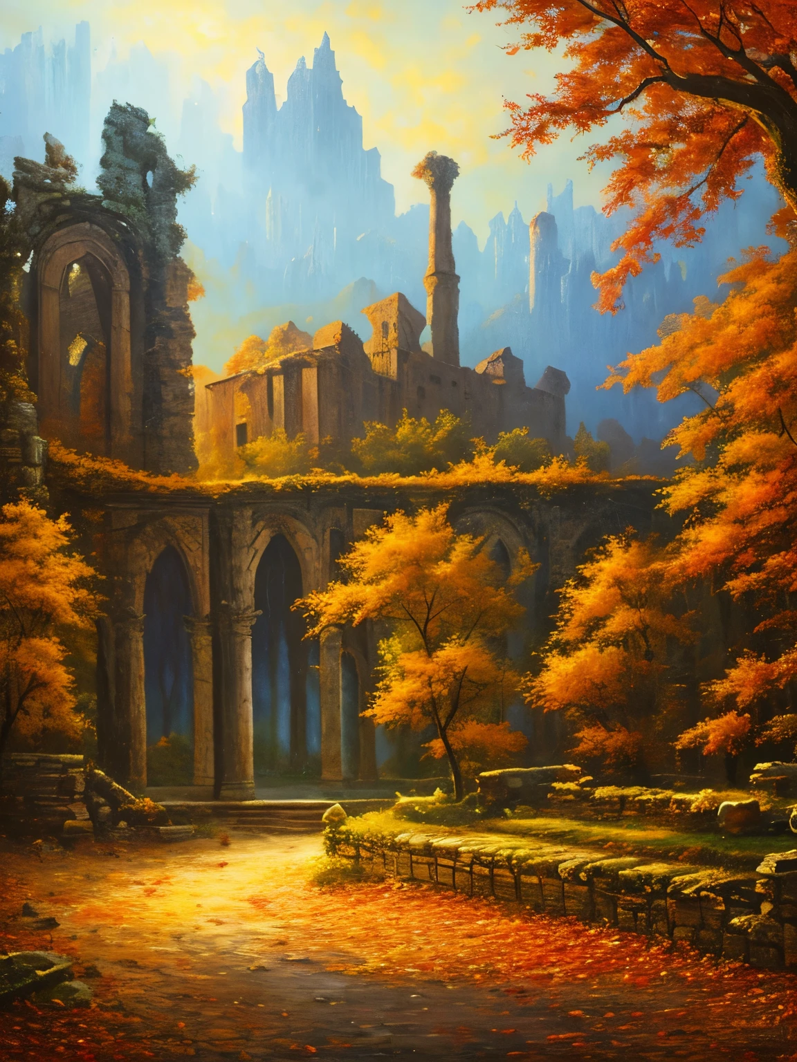 , late autumn ruins, high quality, highly detailed, illustration, impasto, canvas, oil painting, fantasy,