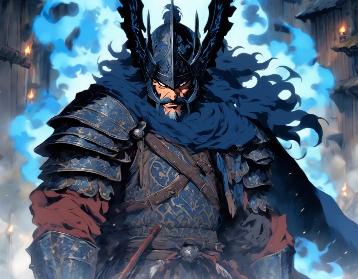middle-aged man, Miyazaki's painting style, high resolution, black hair, Half demon body, half demon face, European knights, Exquisite three-dimensional blue flame devil face, Bearded, wearing a helmet, Expressions of anger, perfect body proportions, joke, black and white robe, A knight&#39;s long sword hangs on his waist, Handsome, full body view, stand up, （White background：1.3）, noble, In his hand he held a long, wide and heavy sword, facing the camera, （full body armor：0.8）, High Detail, masterpiece, precise, anatomically correct, textured skin，medieval background，village，river，battlefield
