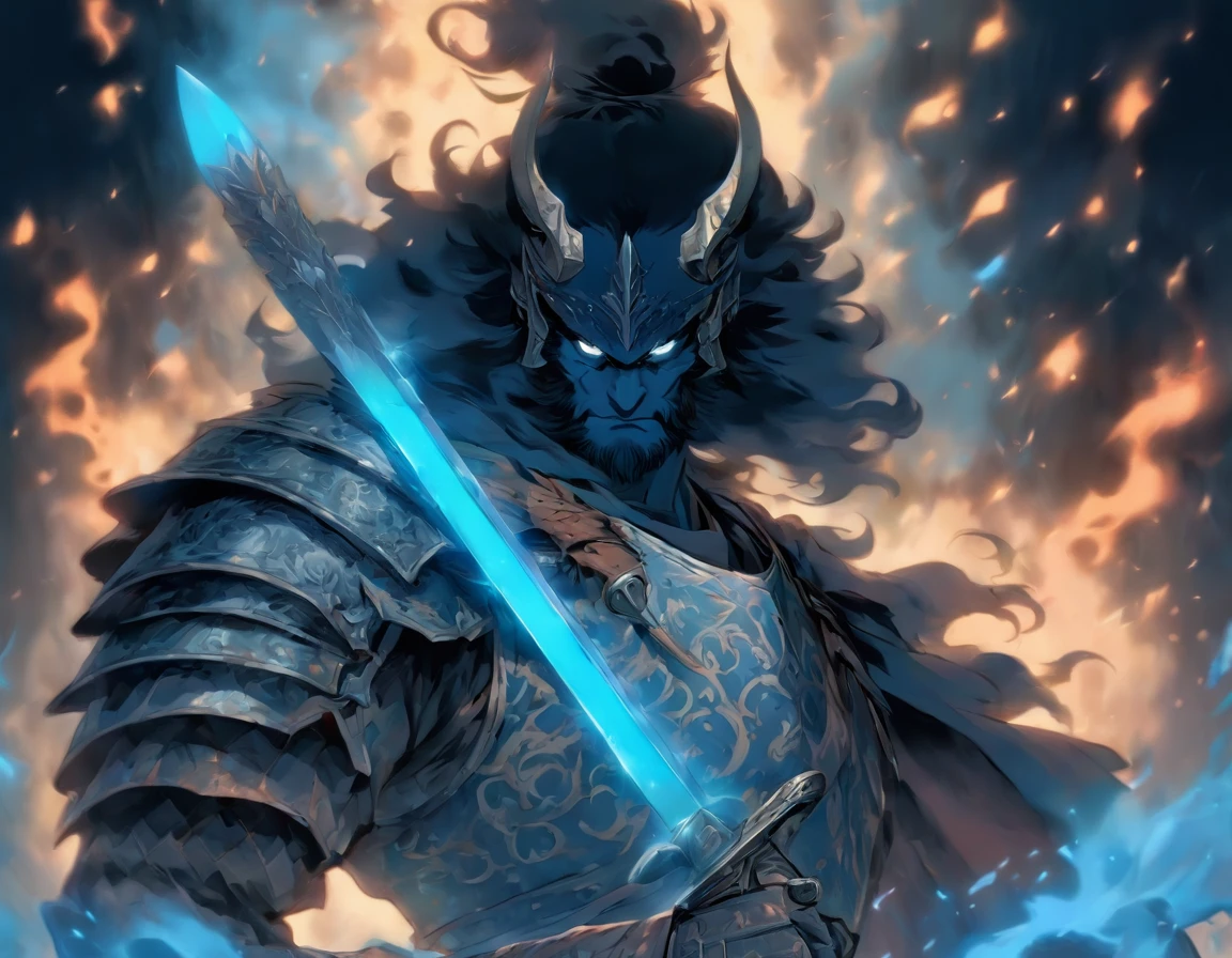 middle-aged man, Miyazaki's painting style, high resolution, black hair, Half demon body, half demon face, European knights, Exquisite three-dimensional blue flame devil face, Bearded, wearing a helmet, Expressions of anger, perfect body proportions, joke, black and white robe, A knight&#39;s long sword hangs on his waist, Handsome, full body view, stand up, （White background：1.3）, noble, In his hand he held a long, wide and heavy sword, facing the camera, （full body armor：0.8）, High Detail, masterpiece, precise, anatomically correct, textured skin，medieval background，village，river，battlefield