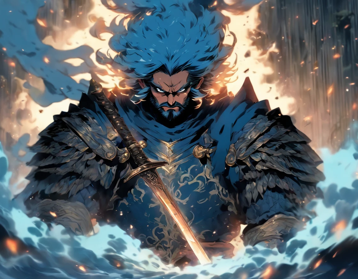 middle-aged man, Miyazaki's painting style, high resolution, black hair, Half demon body, half demon face, European knights, Exquisite three-dimensional blue flame devil face, Bearded, wearing a helmet, Expressions of anger, perfect body proportions, joke, black and white robe, A knight&#39;s long sword hangs on his waist, Handsome, full body view, stand up, （White background：1.3）, noble, In his hand he held a long, wide and heavy sword, facing the camera, （full body armor：0.8）, High Detail, masterpiece, precise, anatomically correct, textured skin，medieval background，village，river，battlefield