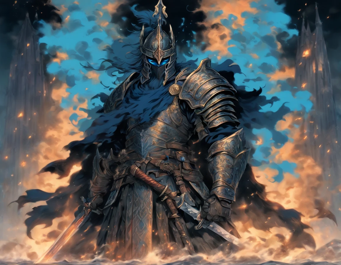 middle-aged man, Miyazaki's painting style, high resolution, black hair, Half demon body, half demon face, European knights, Exquisite three-dimensional blue flame devil face, Bearded, wearing a helmet, Expressions of anger, perfect body proportions, joke, black and white robe, A knight&#39;s long sword hangs on his waist, Handsome, full body view, stand up, （White background：1.3）, noble, In his hand he held a long, wide and heavy sword, facing the camera, （full body armor：0.8）, High Detail, masterpiece, precise, anatomically correct, textured skin，medieval background，village，river，battlefield