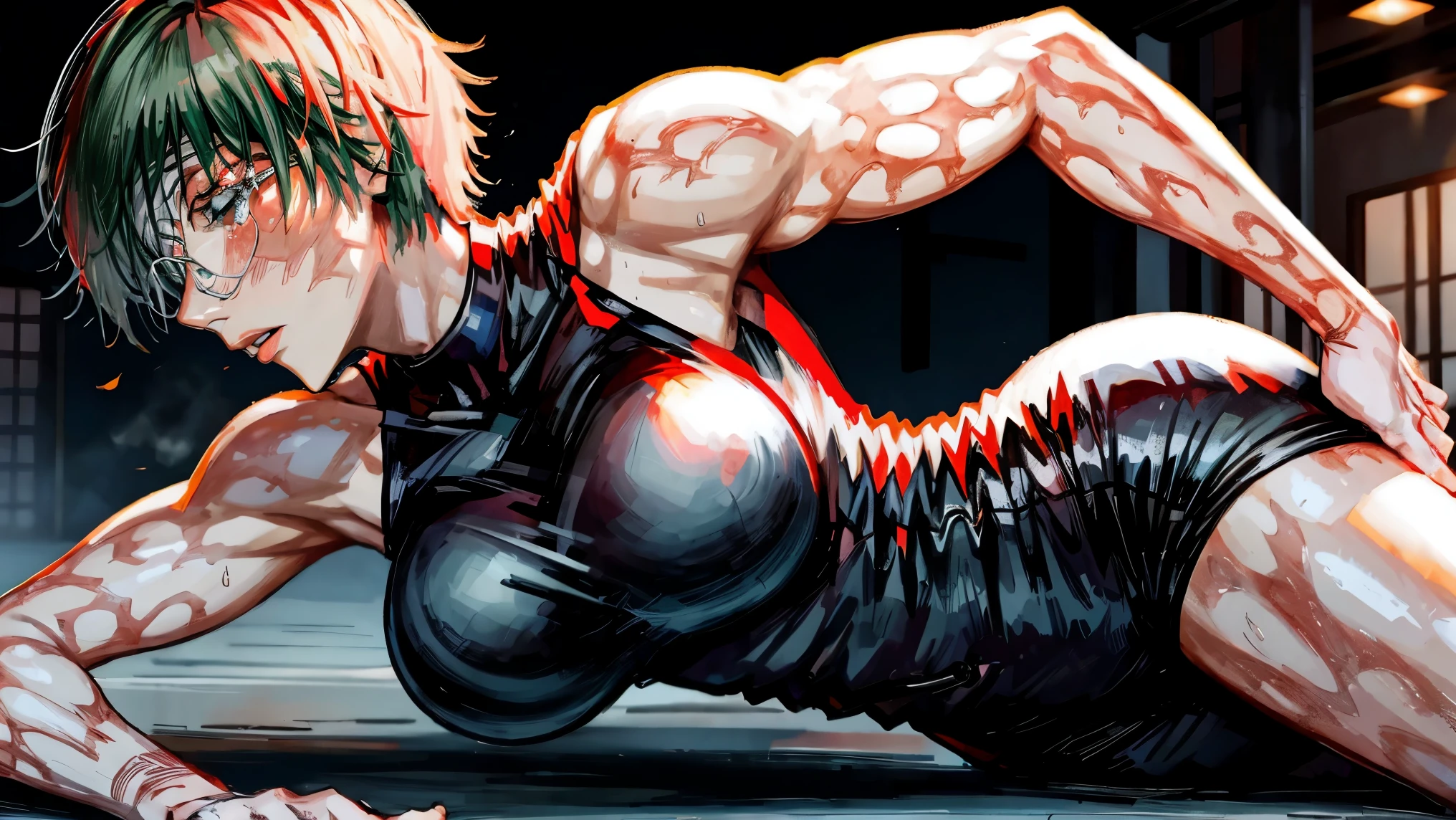 maki zenin, jujutsu kaisen, muslce mommy, sexy pose, nsfw, sweating,big tits