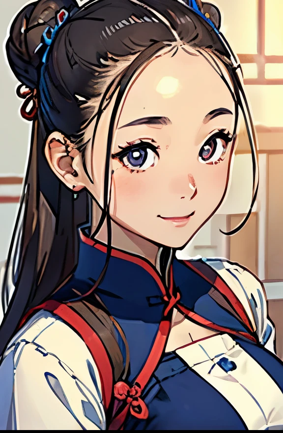 highest quality、realistic、Japanese、Women、zoom、cute、gray eyes、bun hair、chestnut hair、All back、The forehead is protruding、Blue Chinese Dress、No sleeve、Looking down、Big smile、bust shot、thin、small breasts