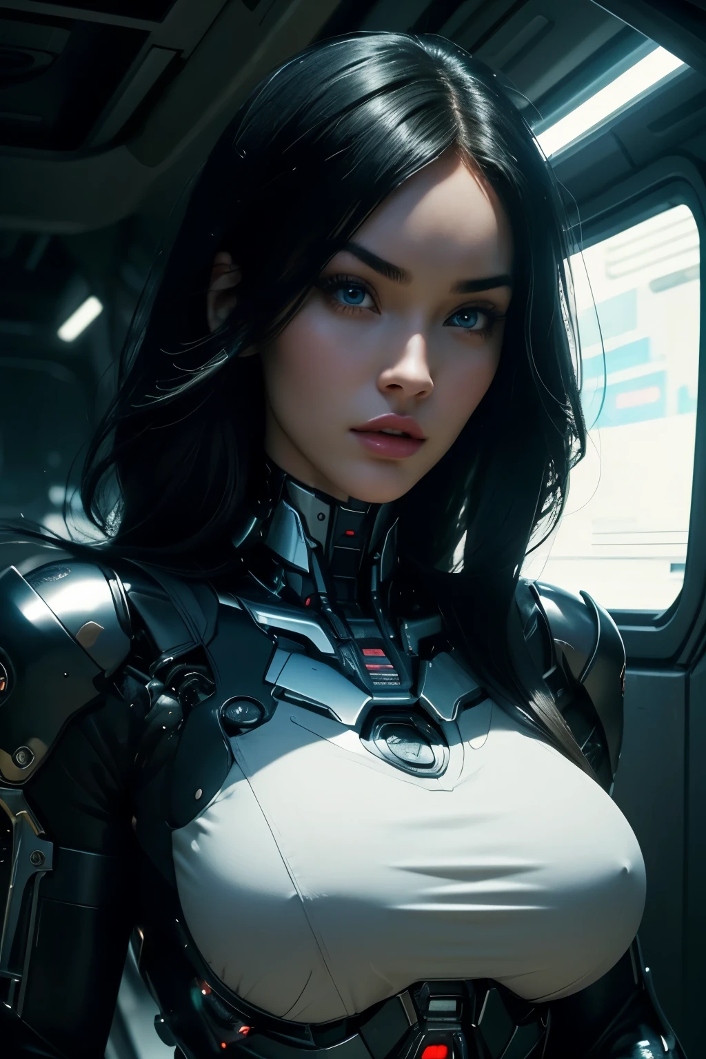 Megan Fox,black hair,wear a dress ((wear a dressเกราะไฮเทคสีทอง)) ,she wears a collar,((cybernetic body)),In the future world,amazing night,sci fi,city at night, realistic skin, incredible light, ultra realistic,complicated, Sharp focus, Ray Tracing, rtx, Professional photography, Masterpiece, very detailed, High quality, best quality, big breasts,She breast size is M cup, full body, she very sexy, she have perfect body, she so beautifully,She have good eyes,She is full of charm,close up,