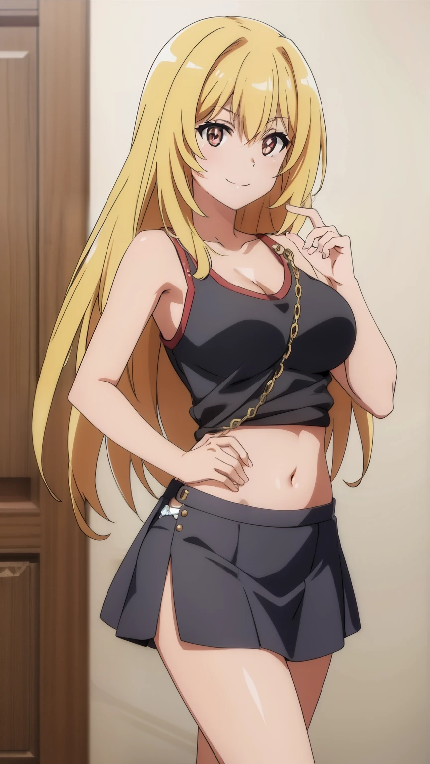 (Top Quality, High Resolution, 8K, Masterpiece: 1.2), Super Detailed, Anime Art Style, Misao Shokuhou, Smile, Blonde, Long Hair, Large and Medium Breasts, Black Tank Top, Navel, Black Miniskirt, Earrings, Cap , Looking at Camera, Stylish Poses, Stylish Angle, stare The camera focuses on the center of the image,