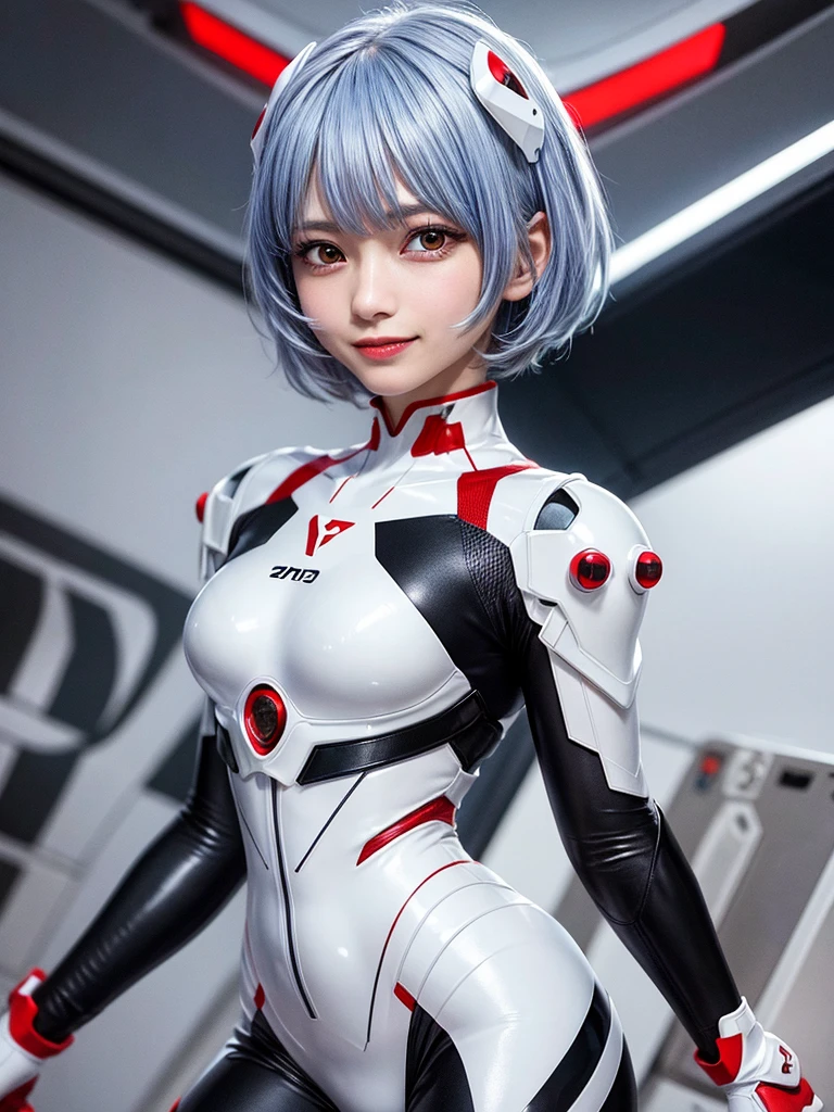 Masterpiece, highest quality, 8K, detailed skin texture, fine cloth texture, beautiful detailed face, intricate details, super detailed, portrait of Rei Ayanami, blue hair, red eyes, looking far away, no background, Evangelion Wearing a plug suit when riding, plug suit, whole body visible, standing, arms crossed, , beautiful, cute, great style, smiling