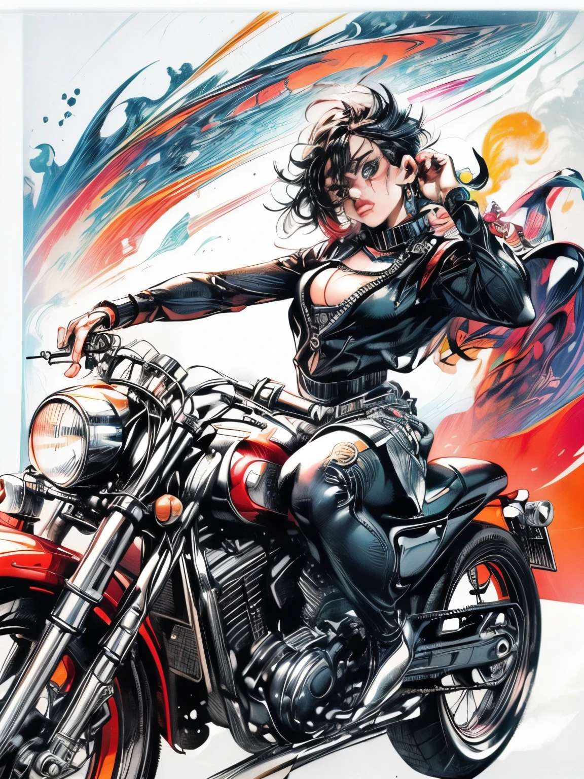 ((((masterpiece, best quality, ultra detail, very_high_resolution, large_filesize, full color)))), high school girl, , colorful, Cool poses, Riding a motorcycle, Smoking