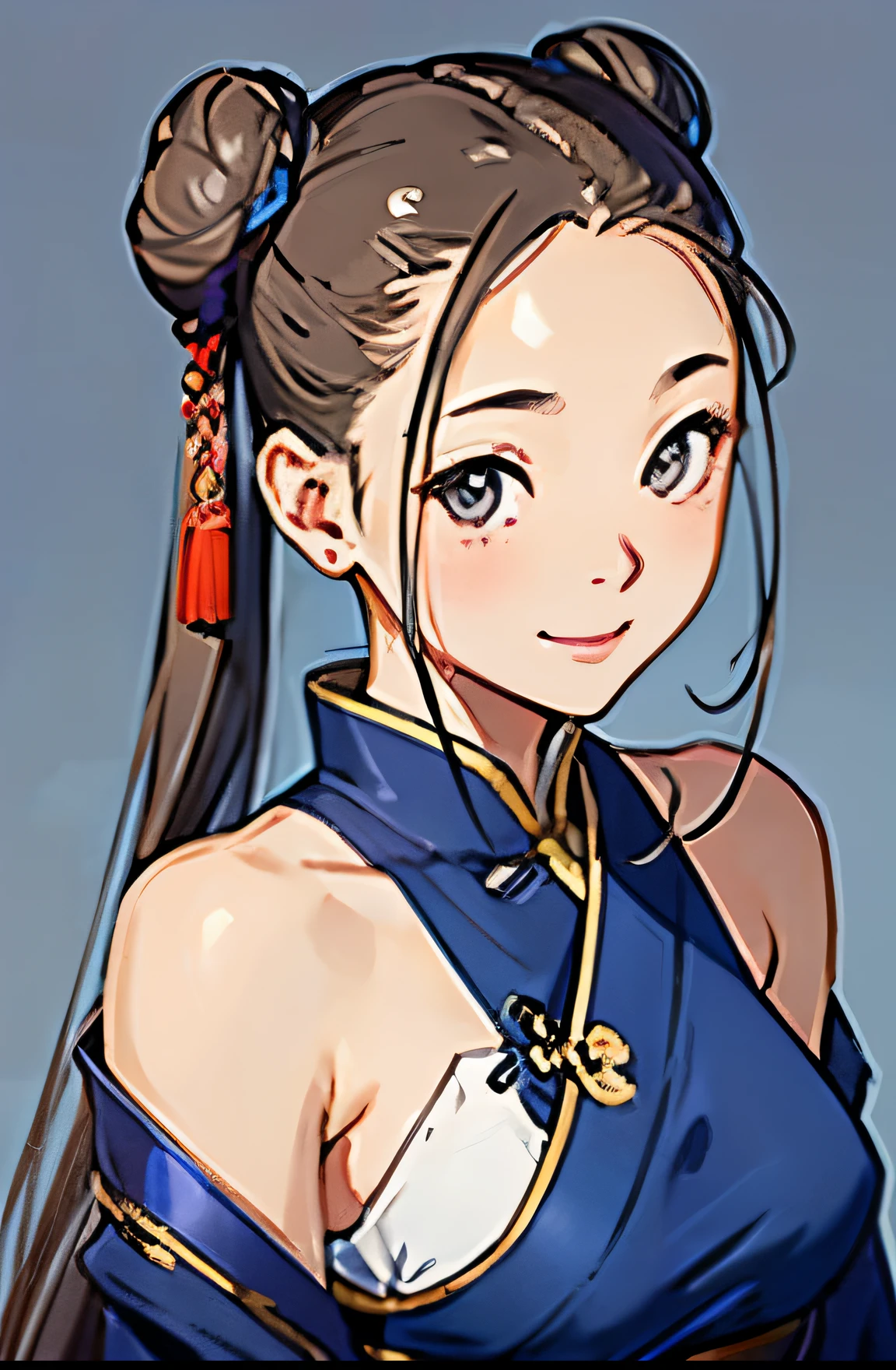 highest quality、realistic、Japanese、Women、zoom、cute、gray eyes、bun hair、chestnut hair、All back、The forehead is protruding、Blue Chinese Dress、No sleeve、Looking down、Big smile、bust shot、thin、small breasts