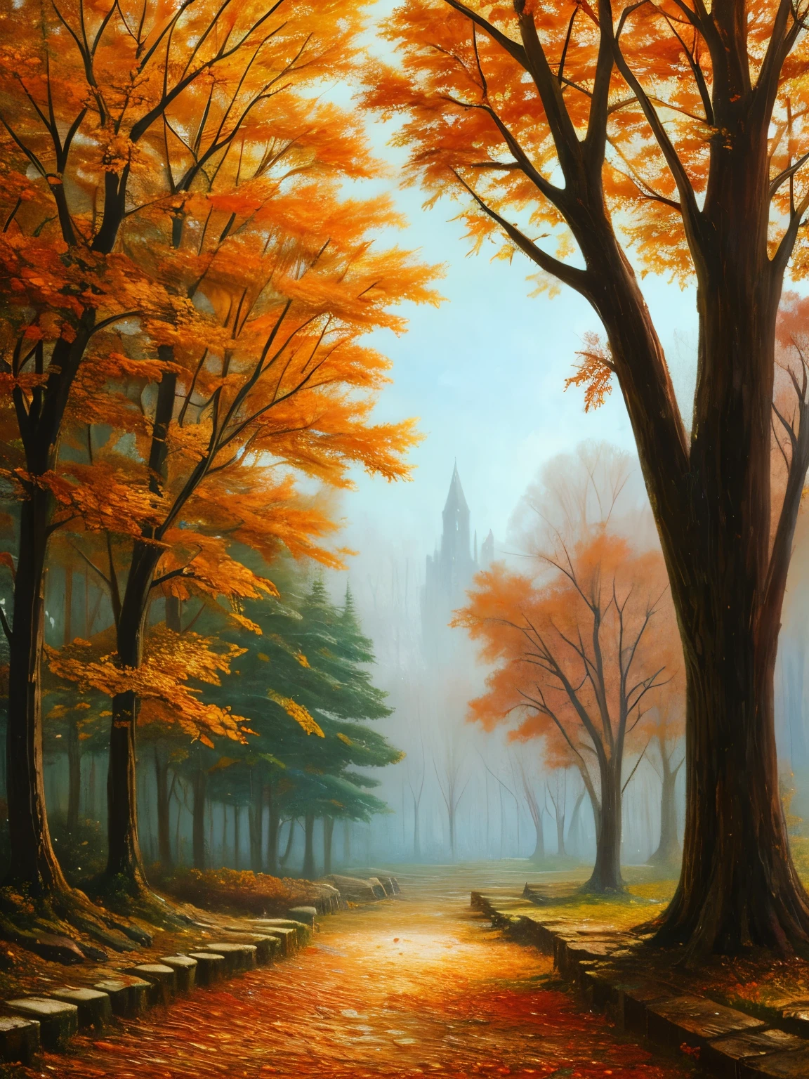 , late autumn ruins, high quality, highly detailed, illustration, impasto, canvas, oil painting, fantasy,