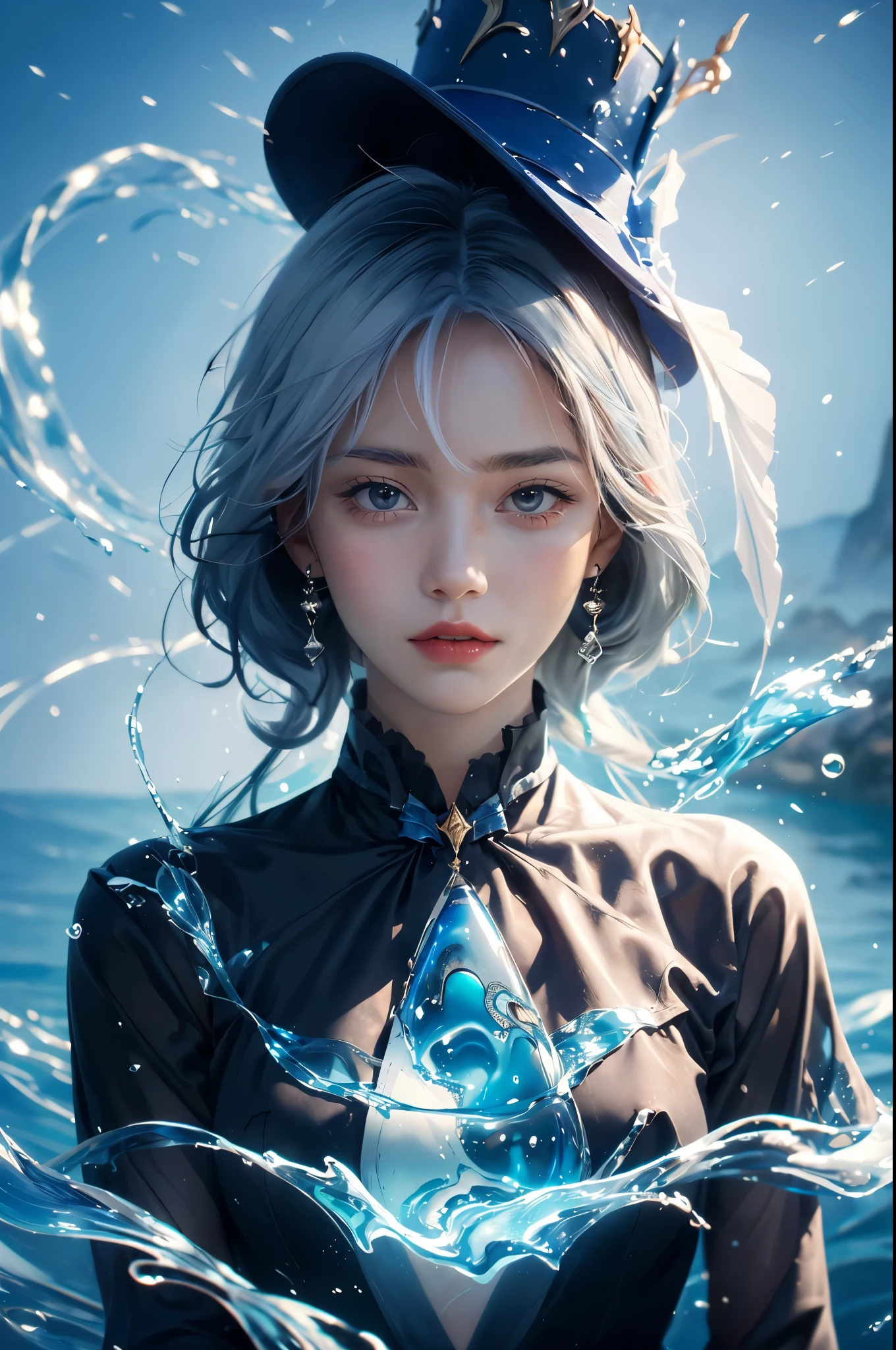 A woman with a hat and a blue top hat in the water - SeaArt AI
