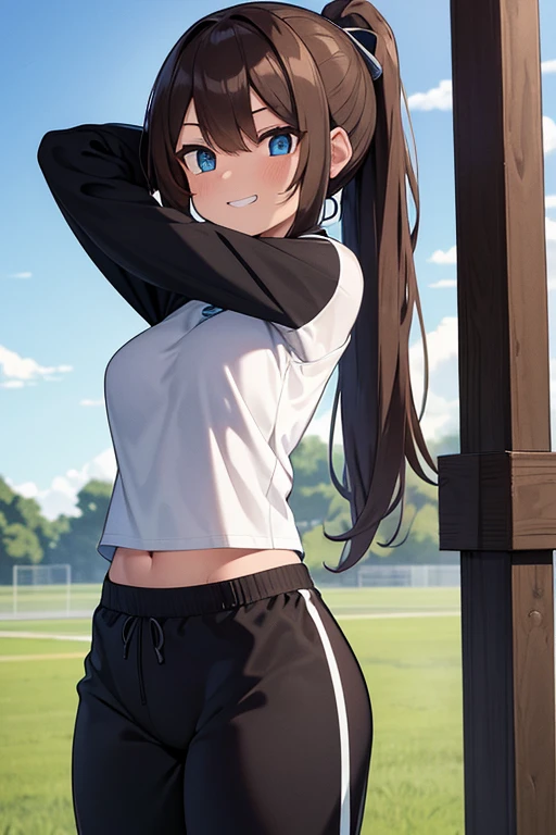 [((masterpiece)), ((HD)), ((high res)), ((solo portrait)), ((waist-up)), ((front view)), ((detailed shading)), ((soft textures)), ((intricate details)), ((anime girl)), ((cinematic)), {attractive; ((athletic 36 year old woman)), (brown hair), (long ponytail), (cute blue eyes), ((athletic body)), (curvy hips), (beautiful legs), (cute grin)}, {(white gym T-shirt), (Black gym sweat pants)}, {(standing), (hand on head), (looking ahead), (looking away)}, [background; (grass plains), (school soccer field), (blue sky), (clouds in sky), (ambient lighting)]
