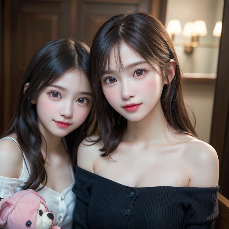 ((two little girls:1.3)), (Ultra realistic, High resolution), (highly detailed eyes, highly detailed hair, highly detailed face, Highly detailed plump lips), (off shoulder with open chest), chest, Upper body, search smile, (highest quality:1.4), Raw photo, (realistic, photo-realistic:1.37), Professional photography, Cinematic Light, (detailed face: 1.2), (stuffed toy:1.2),