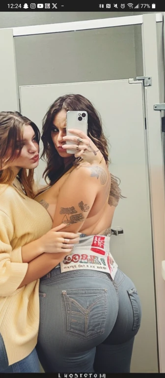 two women taking a selfie in a mirror in a bathroom, bella thorne and megan fox, high quality upload, snapchat photo, mirror selfie, beautiful girls, posing!!, profile image, lana del rey and zoë kravitz, 💋 💄 👠 👗, profile picture, selfie photo, profile pic, two models in the frame, beautiful women, mirror selfie, beautiful girl, big ass, huge ass, bbw, from behind, thick, thick thighs, wide hips, bbw, big , sideboob, giant ass, back view, big butt, round butt, tight underwear, underwear halfway off, underwear taking off, grabbing ass, ass spilling over underwear, too thick for clothes, looking left, leftwards, naked, no clothes 

