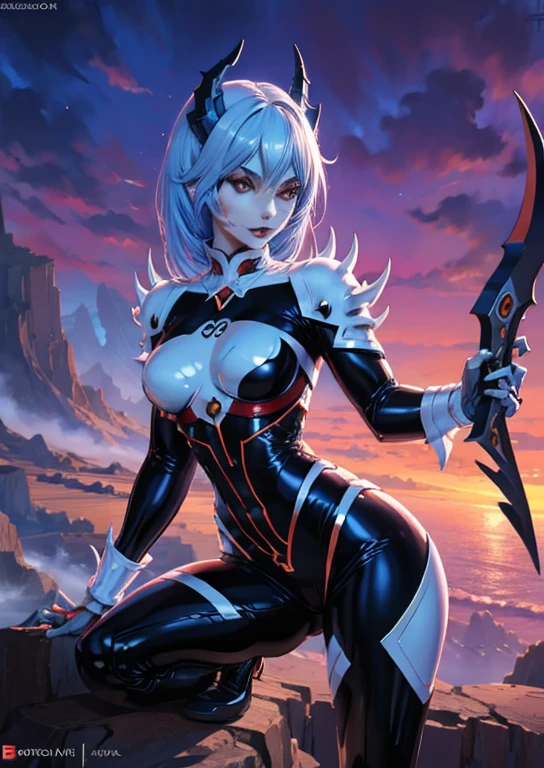 A demon girl with colorful skin, wearing a latex bodysuit, and sporting horns, hooves, and claws, is positioned atop a detailed cliff. Her eyes sparkle with a serious and commanding gaze, showcasing the intensity of her monstrous nature. The digital artwork captures the intricate details of her features, emphasizing the mesmerizing allure of this unique being. The image is of the highest quality, highlighting the rich colors and vivid portrayal of the demon girl. The overall atmosphere reflects the aesthetic of slaanesh, evoking a sense of darkness and seduction. Lighting enhances the shadows and highlights, further accentuating the striking appearance of the demon girl.