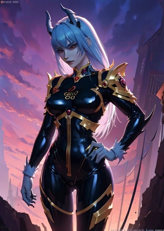 A demon girl with colorful skin, wearing a latex bodysuit, and sporting horns, hooves, and claws, is positioned atop a detailed cliff. Her eyes sparkle with a serious and commanding gaze, showcasing the intensity of her monstrous nature. The digital artwork captures the intricate details of her features, emphasizing the mesmerizing allure of this unique being. The image is of the highest quality, highlighting the rich colors and vivid portrayal of the demon girl. The overall atmosphere reflects the aesthetic of slaanesh, evoking a sense of darkness and seduction. Lighting enhances the shadows and highlights, further accentuating the striking appearance of the demon girl.