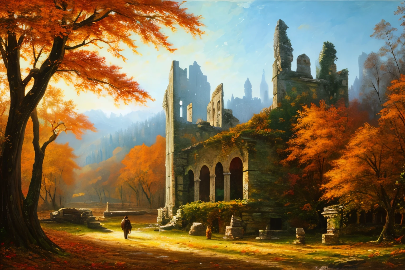 , late autumn ruins, high quality, highly detailed, illustration, impasto, canvas, oil painting, fantasy,