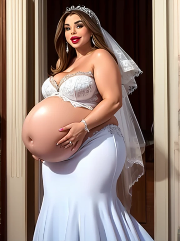 Sofia Vergara, ref lipstick, awkward smile, wedding dress, chubby body,bbw, morbidly obese, fat, Big pregnant round belly