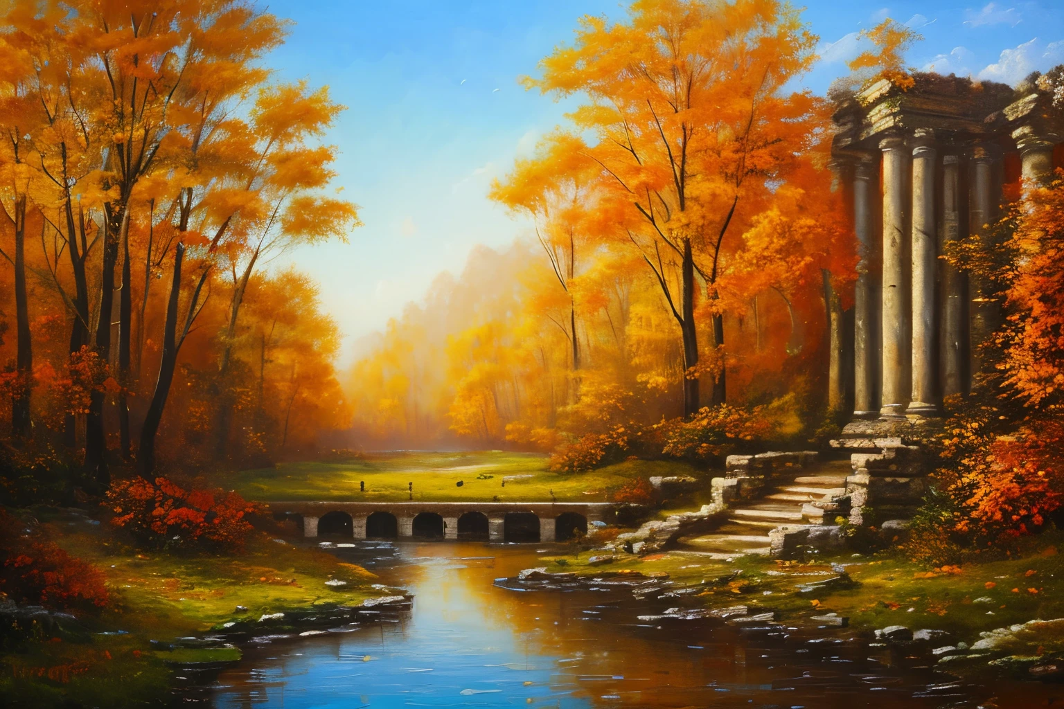 , late autumn ruins, high quality, highly detailed, illustration, impasto, canvas, oil painting, fantasy,