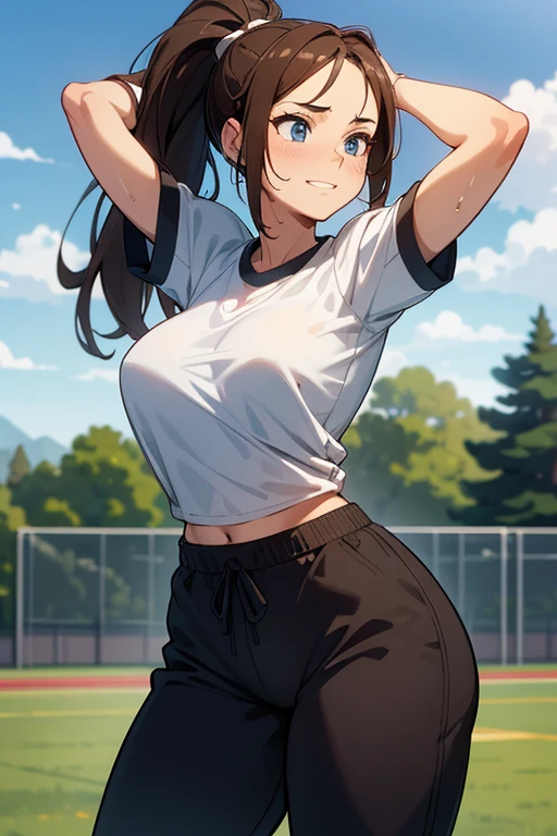 [((masterpiece)), ((HD)), ((high res)), ((solo portrait)), ((waist-up)), ((front view)), ((detailed shading)), ((soft textures)), ((intricate details)), ((anime girl)), ((cinematic)), {attractive; ((athletic 36 year old woman)), (brown hair), (long ponytail), (cute blue eyes), ((athletic body)), (curvy hips), (beautiful legs), (cute grin)}, {(white gym T-shirt), (Black gym sweat pants)}, {(standing), (hand on head), (looking ahead), (looking away)}, [background; (grass plains), (school soccer field), (blue sky), (clouds in sky), (ambient lighting)]
