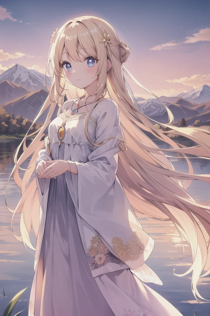 1 girl, serene expression, mesmerizing eyes, straight long hair, flowing dress, poised posture, porcelain skin, subtle blush, crystal pendant
BREAK
golden hour, (rim lighting:1.2), warm tones, sun flare, soft shadows, vibrant colors, painterly effect, dreamy atmosphere
BREAK
scenic lake, distant mountains, willow tree, calm water, reflection, sunlit clouds, peaceful ambiance, idyllic sunset, ultra detailed, official art, unity 8k wallpaper
, zentangle, mandala,standing,