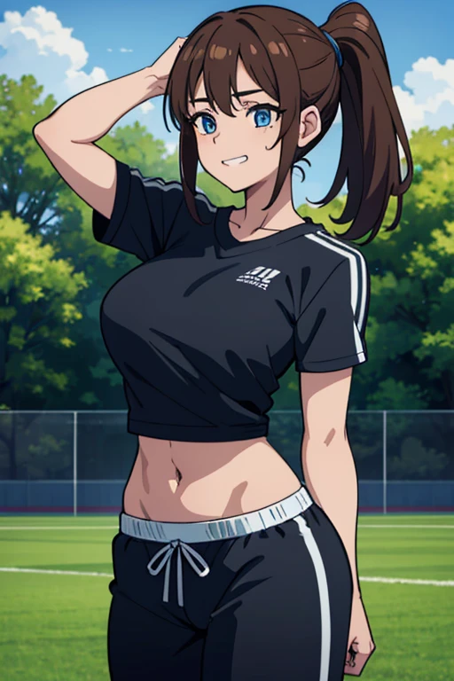 [((masterpiece)), ((HD)), ((high res)), ((solo portrait)), ((waist-up)), ((front view)), ((detailed shading)), ((soft textures)), ((intricate details)), ((anime girl)), ((cinematic)), {attractive; ((athletic 36 year old woman)), (brown hair), (long ponytail), (cute blue eyes), ((athletic body)), (curvy hips), (beautiful legs), (cute grin)}, {(white gym T-shirt), (Black gym sweat pants)}, {(standing), (hand on head), (looking ahead), (looking away)}, [background; (grass plains), (school soccer field), (blue sky), (clouds in sky), (ambient lighting)]
