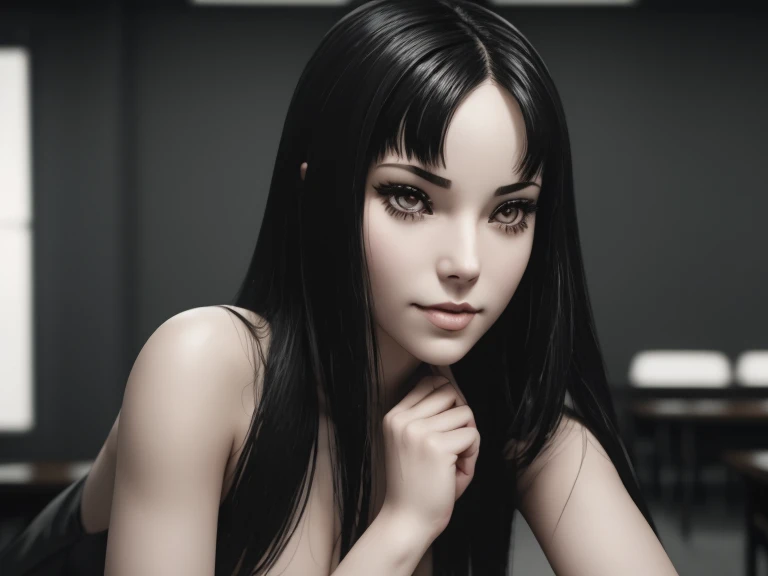 Ultra realistic, 16k, high quality, one evil naked well lit girl, succubus aesthetic, dream aesthetic, long black hair, cute bangs on the forehead, black evil eyes, bright evil eyes look, perfect nose, evil smile, pale-grey skin, grey skin, flushed cheeks, natural detailed tits, showing natural breasts, narrow waist, big hips, hot big vagina, thick thighs, hot sexy legs, creepy aesthetic, , (beautiful natural body), professional photography of a naked woman detailed, sharp focus, dramatic, award-winning, cinematic lighting, dream aesthetic, volumetric dtx, (film grain, creepy dark school laboratory background, blurred foreground, Bokeh, depth of field, motion blur:1.3), evil model.
