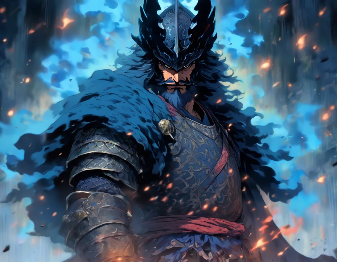 middle-aged man, Miyazaki's painting style, high resolution, black hair, Half demon body, half demon face, European knights, Exquisite three-dimensional blue flame devil face, Bearded, wearing a helmet, Expressions of anger, perfect body proportions, joke, black and white robe, A knight's long sword hangs on his waist, Handsome, Characters make up one-third, stand up, (medieval background,village,river,battlefield:1.3), noble, In his hand he held a long, wide and heavy sword, facing the camera, (full body armor:0.8), high detail, masterpiece, precise, anatomically correct, textured skin,