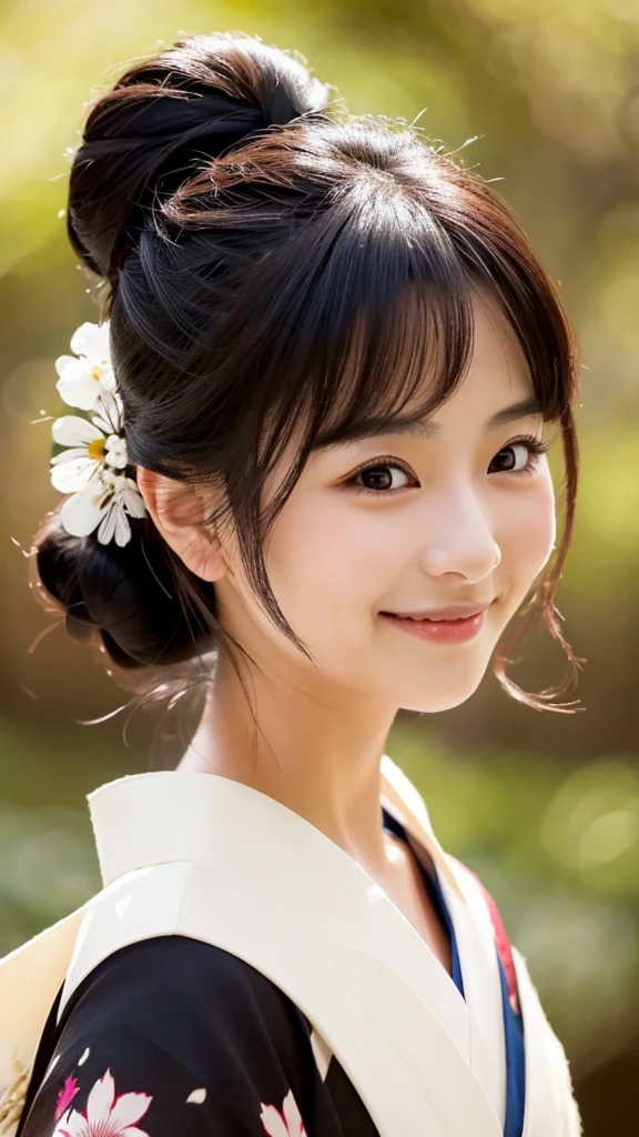 A beautiful Japanese woman with glossy black hair in a short updo, a cute smile, well-defined features, and a small face is wearing a kimono that accentuates her F-cup bust.