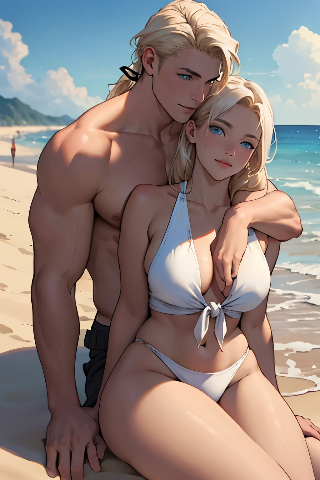 ((best quality)), ((masterpiece)), (detailed), perfect face
Тропический Beautiful пляж, sunset. A tall man sits on the sand, large, athletic, stately, Beautiful, adult man - platinum blond, he has tanned skin, Ideal facial features, Blue eyes, he has long straight white hair, he is wearing white beachwear, Next to him sits an incredibly beautiful young femme fatale - golden-haired blonde with blue eyes, long golden very thick hair tied with a scarlet ribbon, she is wearing a white two-piece swimsuit, she has a slender beautiful figure, Slim waist and rounded hips. they are in love with each other, they look at each other with love. They're happy. masterpiece, Perfect Image, realistic pictures, detailed study, full length image, 8k, detailed image. extremely detailed illustration, a true masterpiece of the highest quality, with careful drawing.