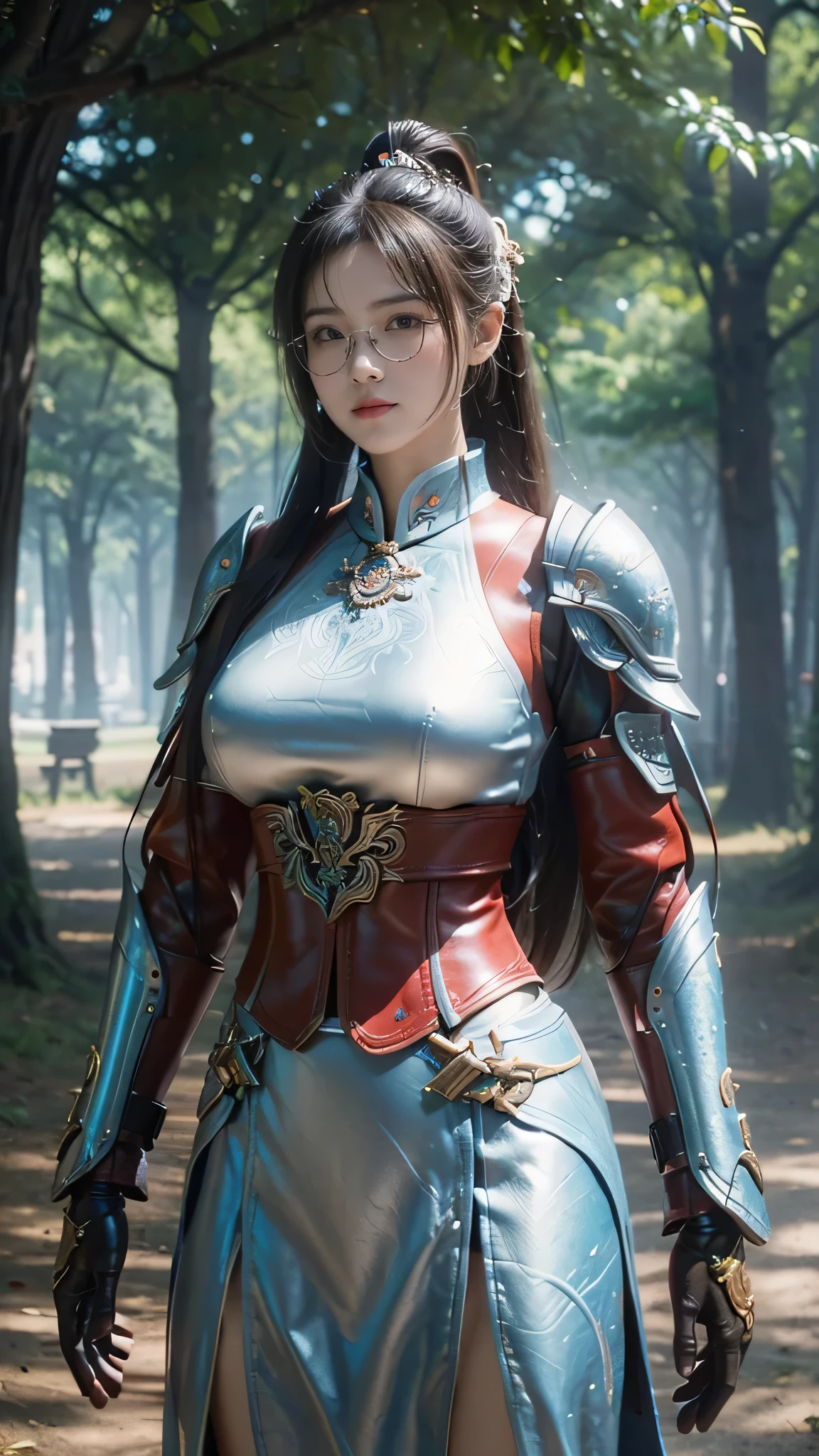 e-up)),Original photo,real photo,digital photography,(Female generals on the battlefield of the Han Dynasty),18-year-old girl,(long ponytail hairstyle),cparted lips,Noble and charming,Elegant and serious,(Han dynasty armor,The combination of white metal and red leather,Openwork design,armure,Knight Armor,metallic luster,Leather buckle,Exquisite pattern,mysterious badge,Cool and gorgeouig breasts)),Chest groove,Three Kingdoms character painting style,Photo pose,oc render reflection texture,Bright colors,(Forest background, glasses, big breast