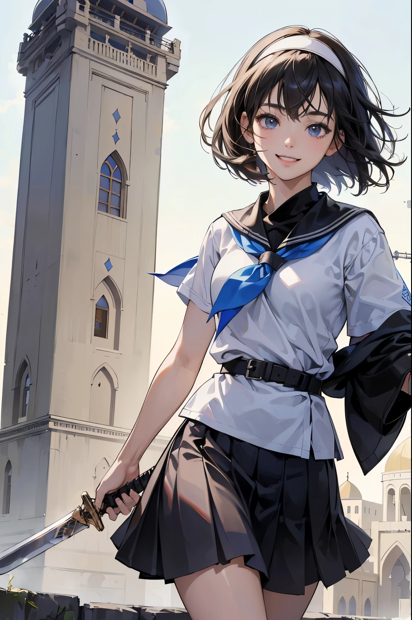 (((absurdres, highres, ultra detailed))),Masterpiece,Best quality,4k,8k,Realistic face,anime girl,Realistic skin texture,magnified textures, stunning clarity,15 years old girl,detailed eyes and detailed face,Japanese high school girl,Short sleeve,(Sword and sheath:1.3),anime style,old style serafuku,Navel exposed,short skirt,hair band,(smile:1.3),clear,,walking on the street ,drooping eyes,(wink)bob cut,(mosque:1.2),(Minaret:1.2),(meideval arabian town),cowboy shot,from front