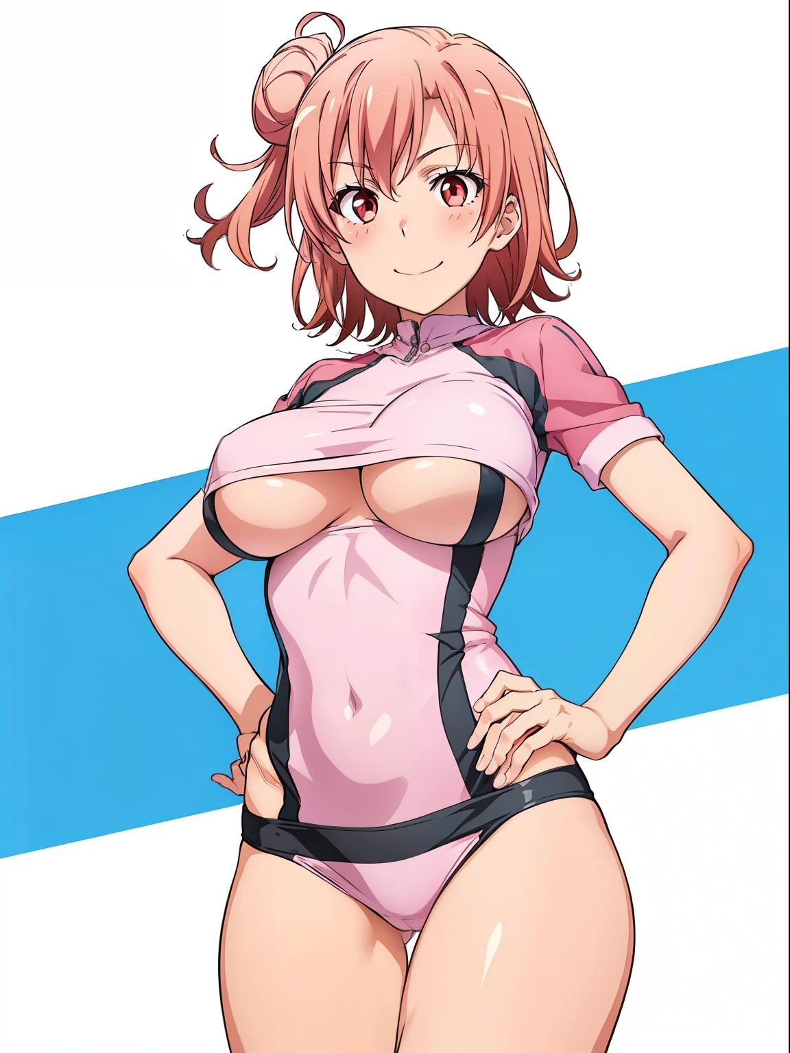 ((masutepiece, Best Quality, hight resolution, nffsw, Perfect Pixel, depth of fields, 4K, )), 1girl in, Solo, , Beautiful anime girl, Beautiful Art Style, close up, Looking at Viewer, Perfect body, Yuigahama Yui, Short hair, single hair bun, pink hair, (large boob), Full face blush, Smile, thighs thighs thighs thighs, fishnet bodysuit, hands on hips, white background, cowboy shot, Focus,