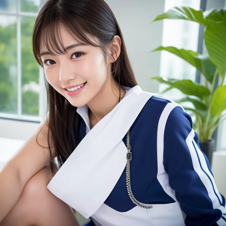 A beautiful Japanese female idol in her teens is wearing a cool white and navy stage costume with a futuristic design, leaning against the wall by the window and looking at me with a smile. Focal length 100mmf/2.8, spring day, sunny, living room on the upper floor of a high-rise apartment, ideal light source, well-shaped face, smiling face of trust, sweat, toned body, glistening sweat, close-up of eyes, sense of reality, 8K Image quality, top quality.