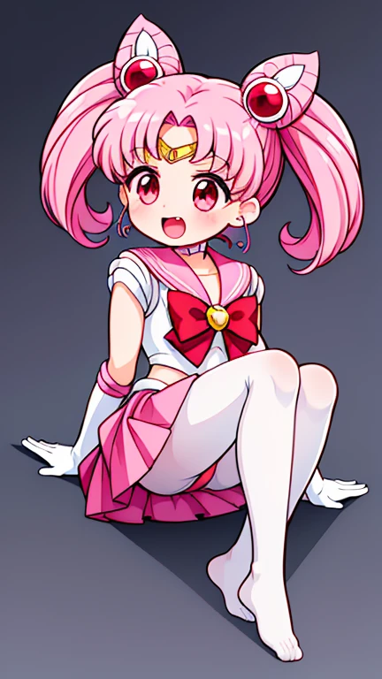 Sailor Moon,childhood,Seven years old,Cute little ,Pink hair twintails,short hair,Sailor suit,red bow,White elbow gloves,Red Skirt,no shoes,Open your mouth,laughing out loud,fangs,(white pantyhose),soles of feet,soles of feet