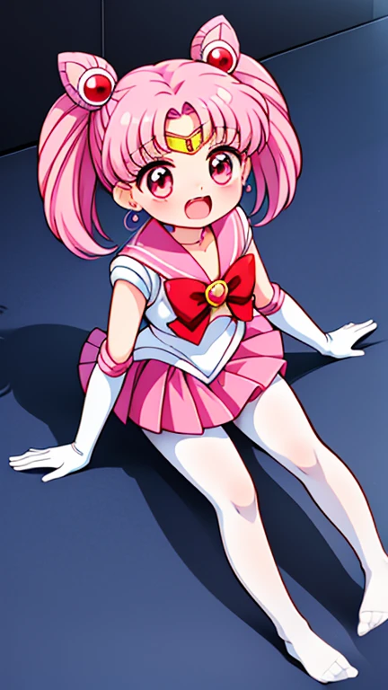 Sailor Moon,childhood,Seven years old,Cute little loli,Pink hair twintails,short hair,Sailor suit,red bow,White elbow gloves,Red Skirt,no shoes,Open your mouth,laughing out loud,fangs,(white pantyhose),soles of feet,soles of feet