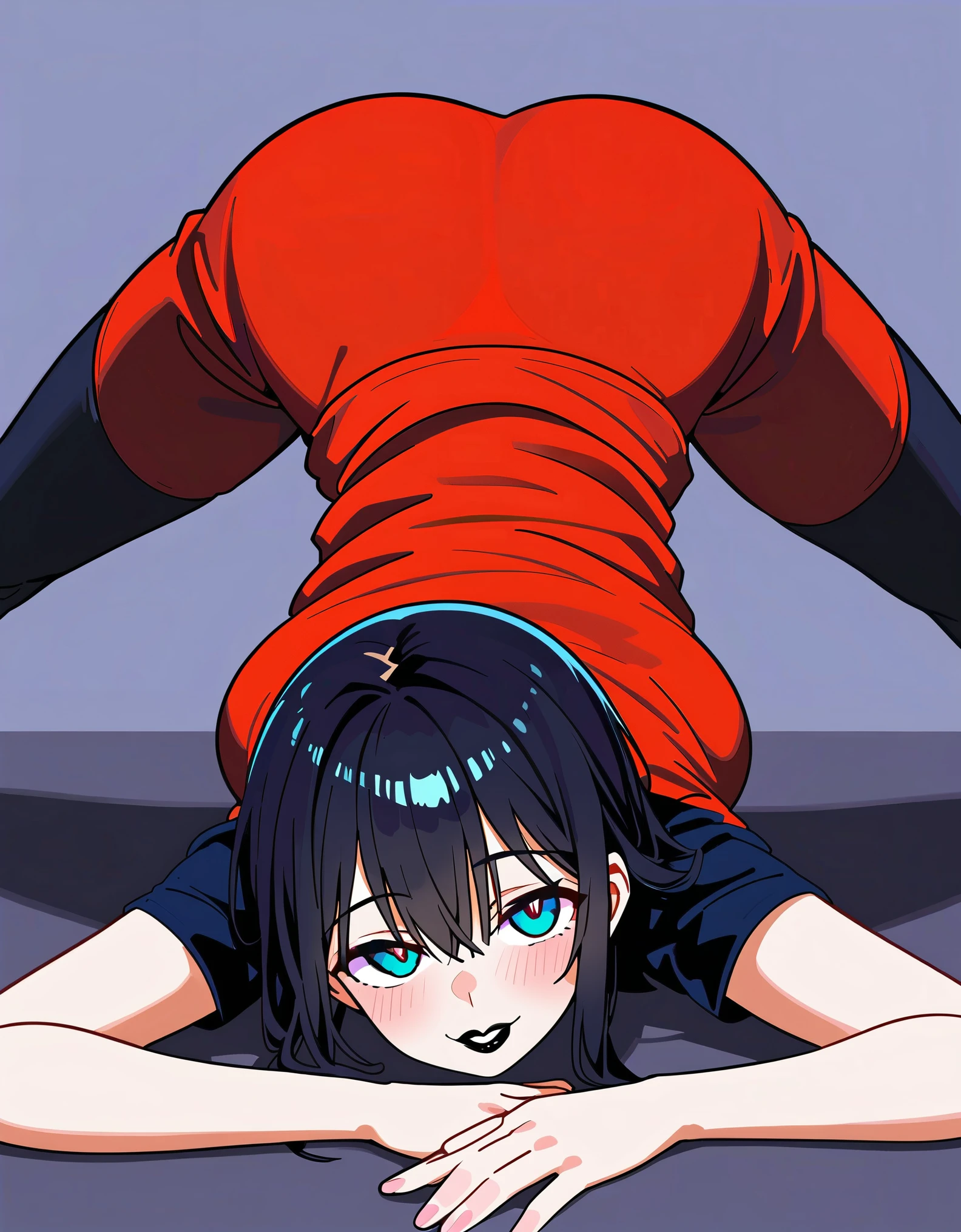 (Front perspective：1.5), 1girl, Jack_o pose challenge, Jack o, bend over, Upper body lying on the ground, open legs, Lift your hips, looking into camera, Super short low rise jeans, Short T-shirt, Punk girl, black hair, Black lipstick, Detailed eyes, Smile, shy face, from below