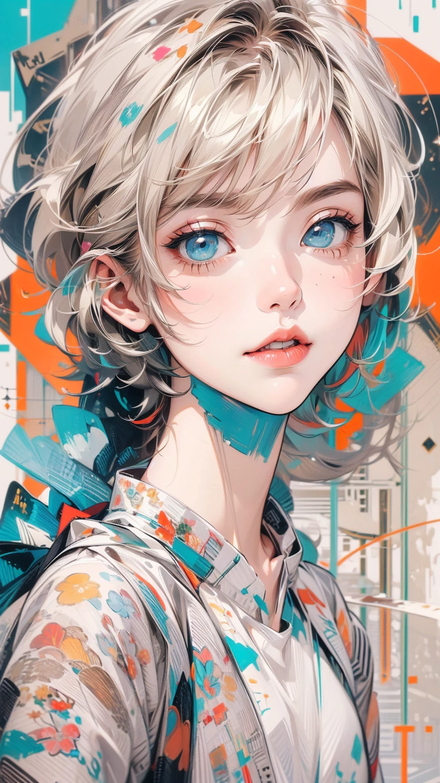 (masterpiece, High resolution, highest quality), Composition from head to thighs:1.3, Upper body focus, 20 year old woman, Asymmetrical short hair, disorganized, Paper collage, abstract design, artistic juxtapositions, mixed-media approach, Anime Style, simple lines, digital painting,