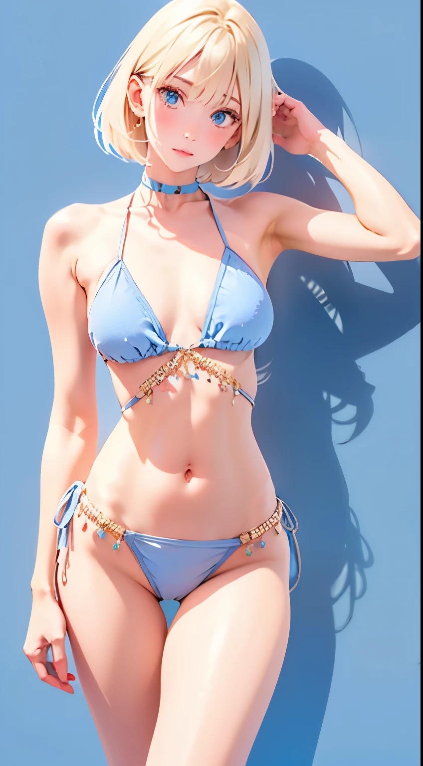 Sailor Moon in a micro bikini、beautiful blonde、Big beautiful blue eyes、Smooth, white skin like porcelain、best style、short bob、Sharp and stern look、Detailed depiction of the thin material of the swimsuit、Detailed depiction of wrinkles in a swimsuit、Maximum number of pixels、Photorealistic image quality、