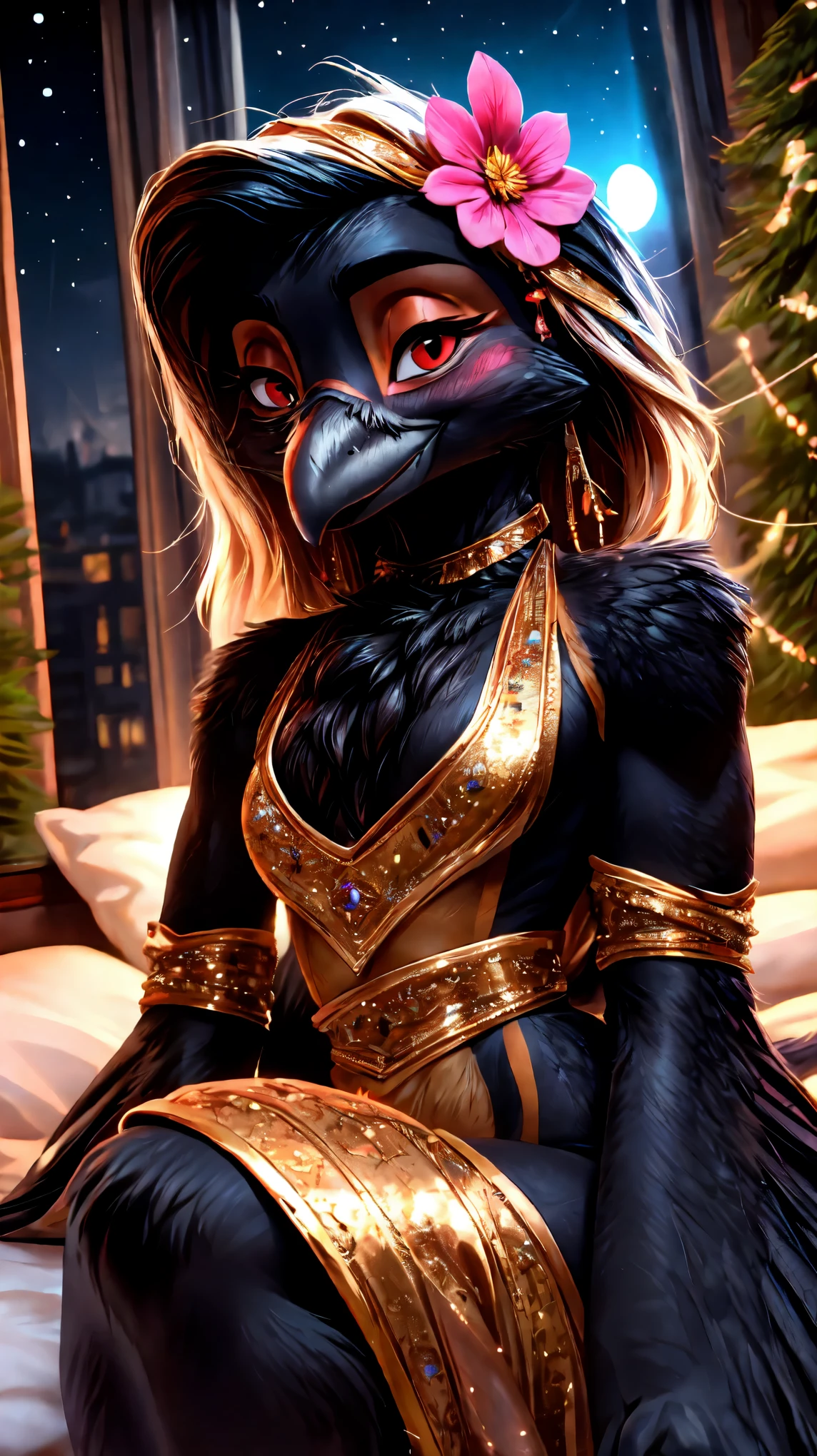 ((((flat chest:1.6)))),(((completely nude))),(((head shot:1.5))),((((15 years old:2.0)))),(((beautiful red eyes))),((((chibi:1.5)))),side facing,((((winged-arms)))),(((Beautiful night view of big city))),((((jewelry:1.5)))),((Athletic body:1.5)),(((anthro crow))),((((luxury bed room:1.3)))),(((Lover-like relationship))),(((blush smile))),((flower hair ornament)),female,portrait,beak,cute,Super high quality,masterpiece,heart shaped pupils,(highest quality,4k,8K,High resolution,masterpiece:1.2), Super detailed, HDR, UHD, studio lightning, ultra-fine goodinting, sharp focus, Physically based rendering, extrine detail description, Professional, Bright colors, Bokeh, (in) you bring, landscape, photograph, concept artist (Style), (with) vibrant color goodlette, (good) soft lighting