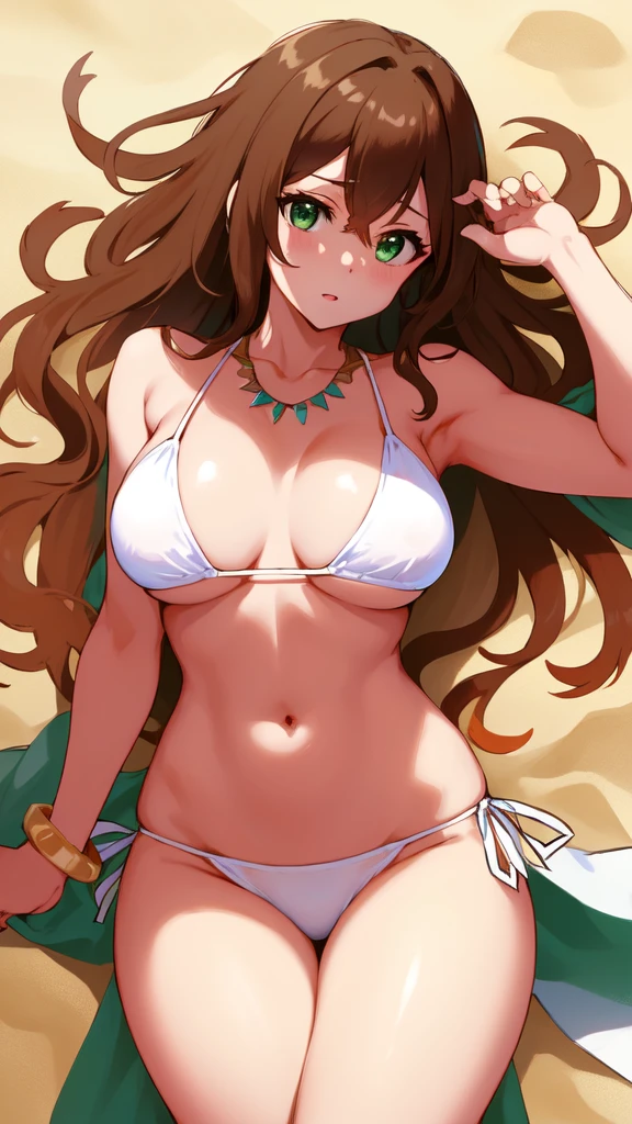 masterpiece, best quality, 1 solo girl, brown hair, green eyes, long hair, medium breasts, sexy body and face, wavy hair, white bikini, jewelry, bracelet, necklace, summer, beach, lying at the sand, sexy pose, cowboy shots, detailed body, face, and eyes, sharp focus, vibrant, creative, dynamic, high definition, high resolution, 8k, (Upscale: R-ESRGAN 4x+ Anime6mage enchance:4x), voluptuous body, cinema lightning, dakimakura style,