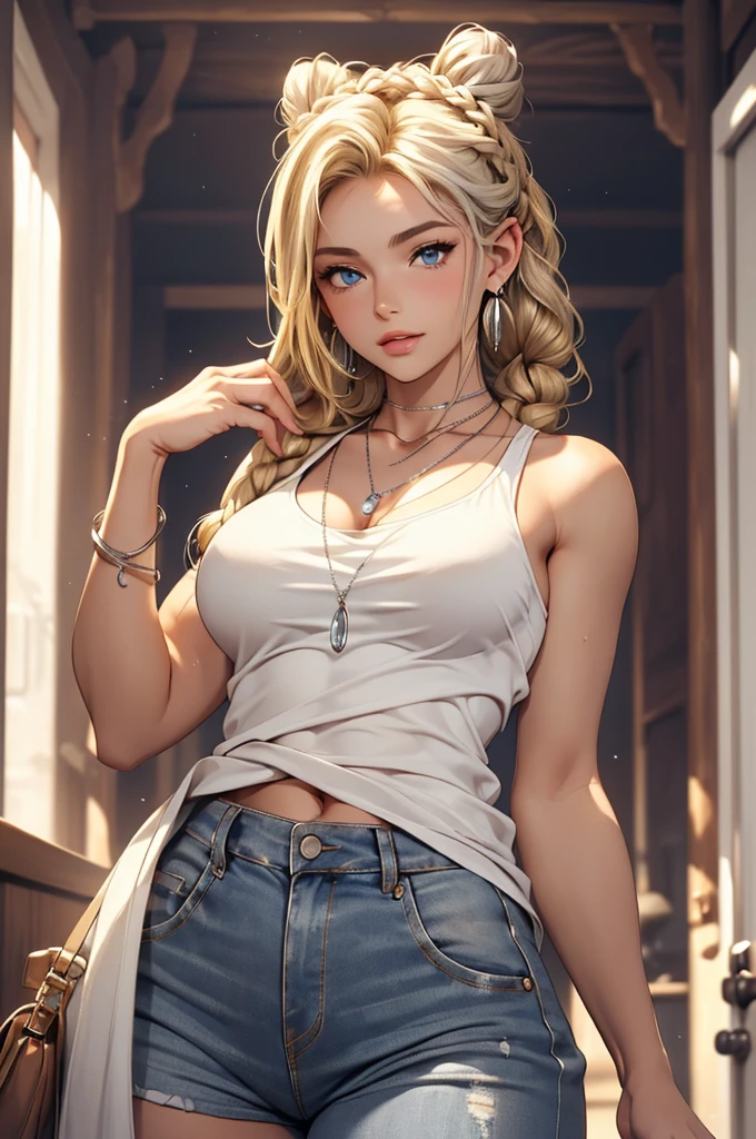 ((ultra quality)), ((tmasterpiece)), gnome girl, Short stature, ((blonde woman, hairlong, braided)), (silver ear rings), (silver necklace around the neck), (Beautiful cute face), (beautiful female lips), Charming, ((sexy facial expression)), is looking at the camera, eyes are slightly closed, (Skin color: white), Body glare, ((detailed beautiful female eyes)), ((dark blue eyes)), (juicy female lips), (beautiful female hands), (A bit full figure, bun), ((perfect female figure)), perfect female body, Beautiful waist, Gorgeous hips, Beautiful medium breasts, ((Subtle and beautiful)), seductively worth it (Rear view) (close-up of the face), (wearing blackface jeans, white tanktop) background: on the threshold of the house, Hot day, ((Depth of field)), ((high quality clear image)), (crisp details), ((higly detailed)), Realistic, Professional Photo Session, ((Clear Focus)), the anime
