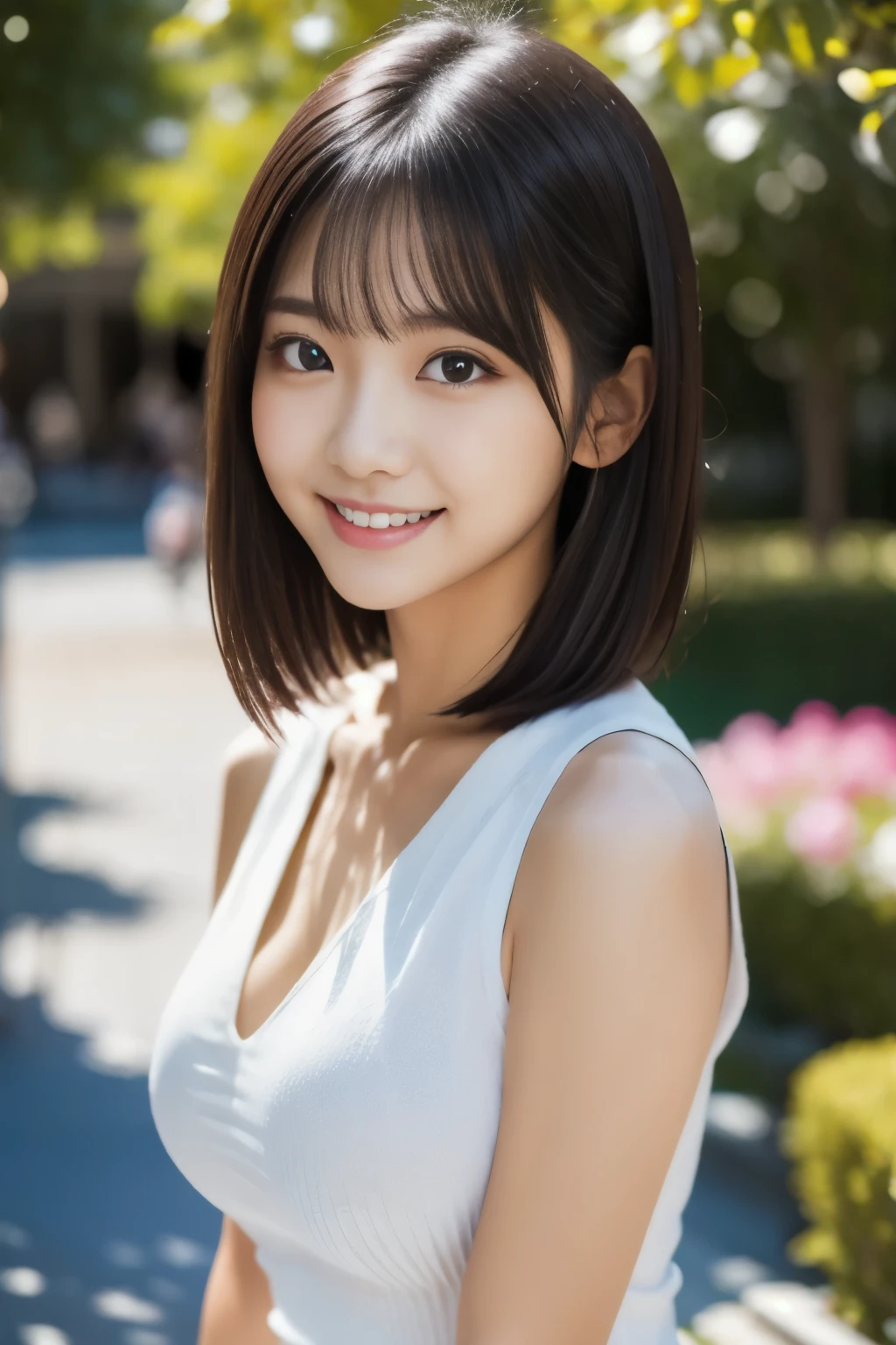 (masterpiece, highest quality, 8K:1.2), (adult women, 21 years old:1.2), alone, japanese woman, cute face, whole body, Beauty,model, beautiful features, Idol Style, , smile, (white sleeveless,one piece:1.2), Black hair straight, Slightly longer bob hair, high resolution, 