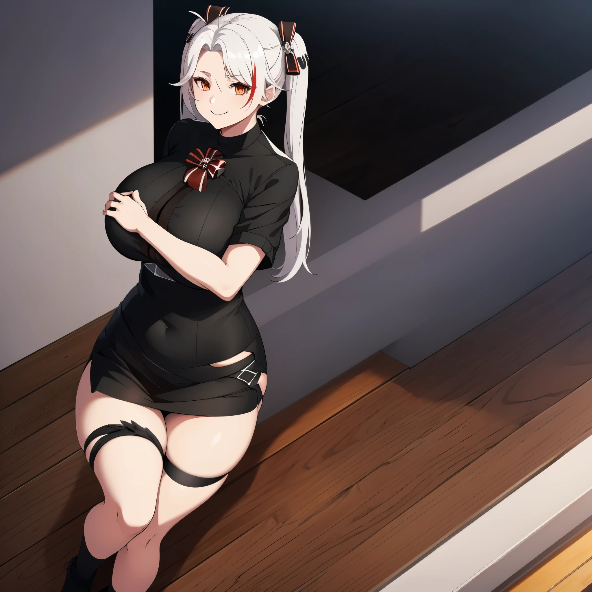 A woman wearing a black shirt with white kanji writing on the shirt, short black skirt, white hair with red bangs, pigtails, long black socks, orange eyes, on a balcony of a modern house, white and black wall, wooden floor, smiling , big breasts.,HDR, ultra resolution, sharp, masterpiece, 8K HD, (just a woman, solo)
