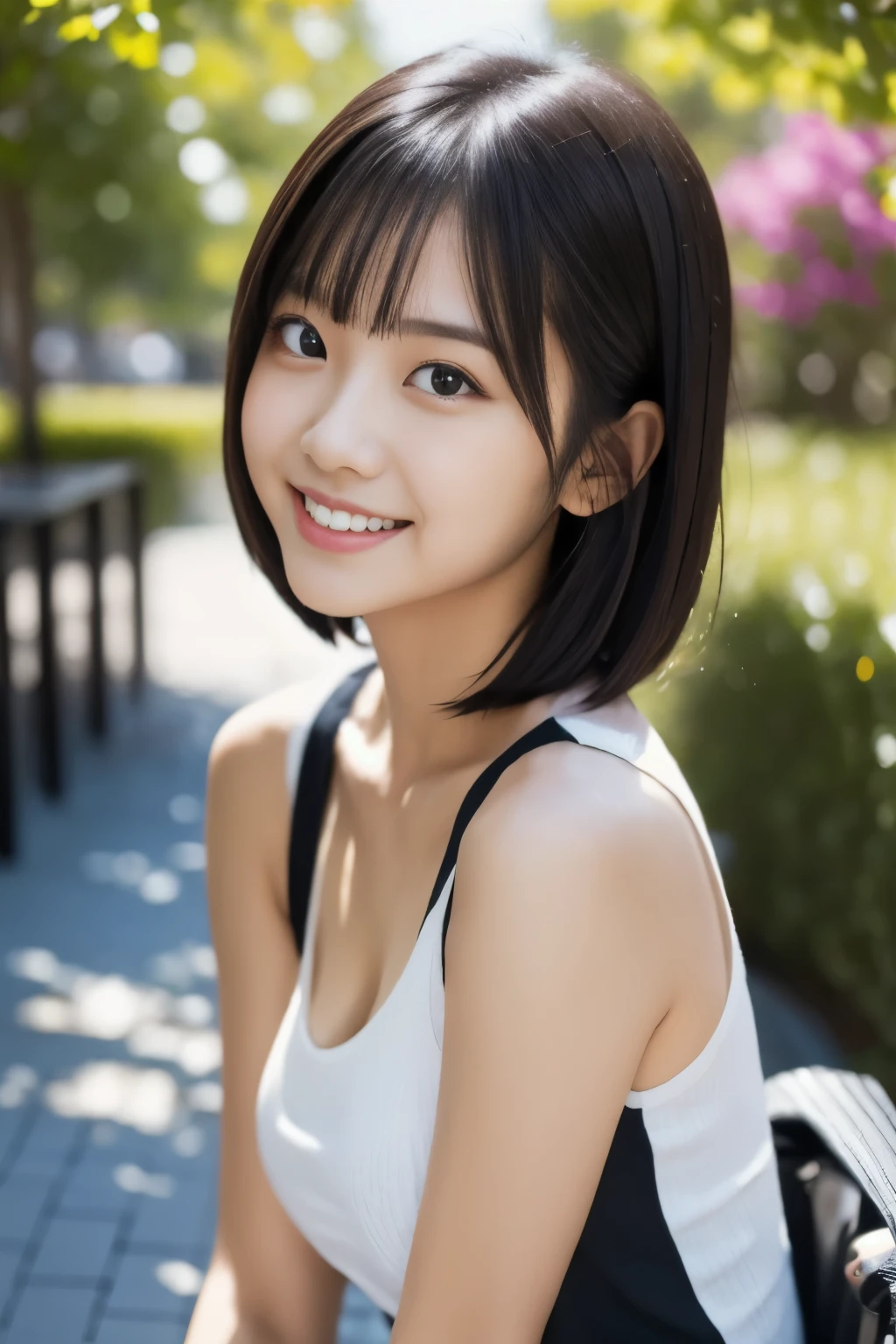 (masterpiece, highest quality, 8K:1.2), (adult women, 21 years old:1.2), alone, japanese woman, cute face, whole body, Beauty,model, beautiful features, Idol Style, , smile, (white sleeveless,one piece:1.2), Black hair straight, Slightly longer bob hair, high resolution, 