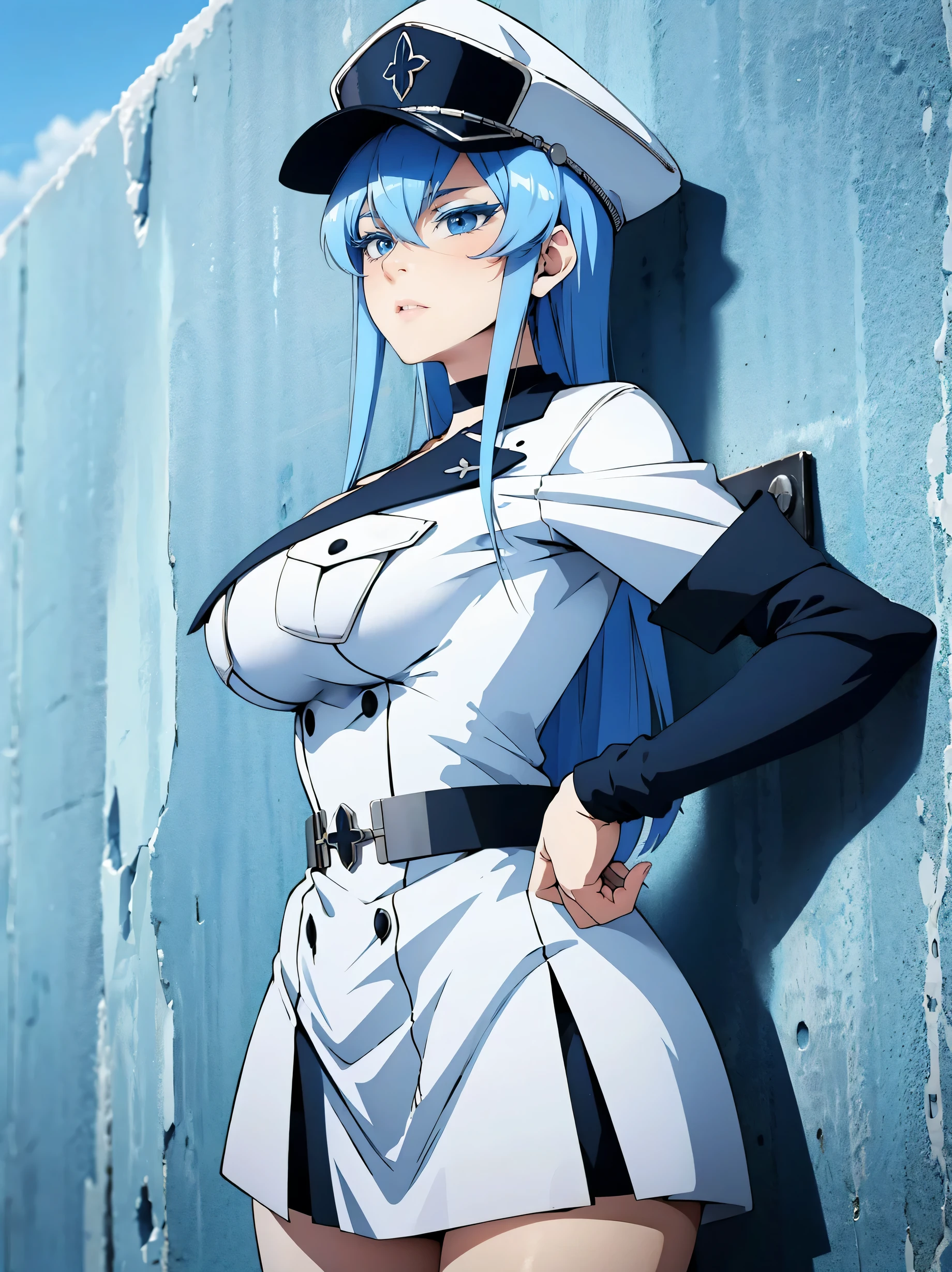 1 girl with blue hair, blue eyes, blue eyelashes, white sailor suit with captain's hat, big breasts, posing on a wall, some parts of the wall frozen